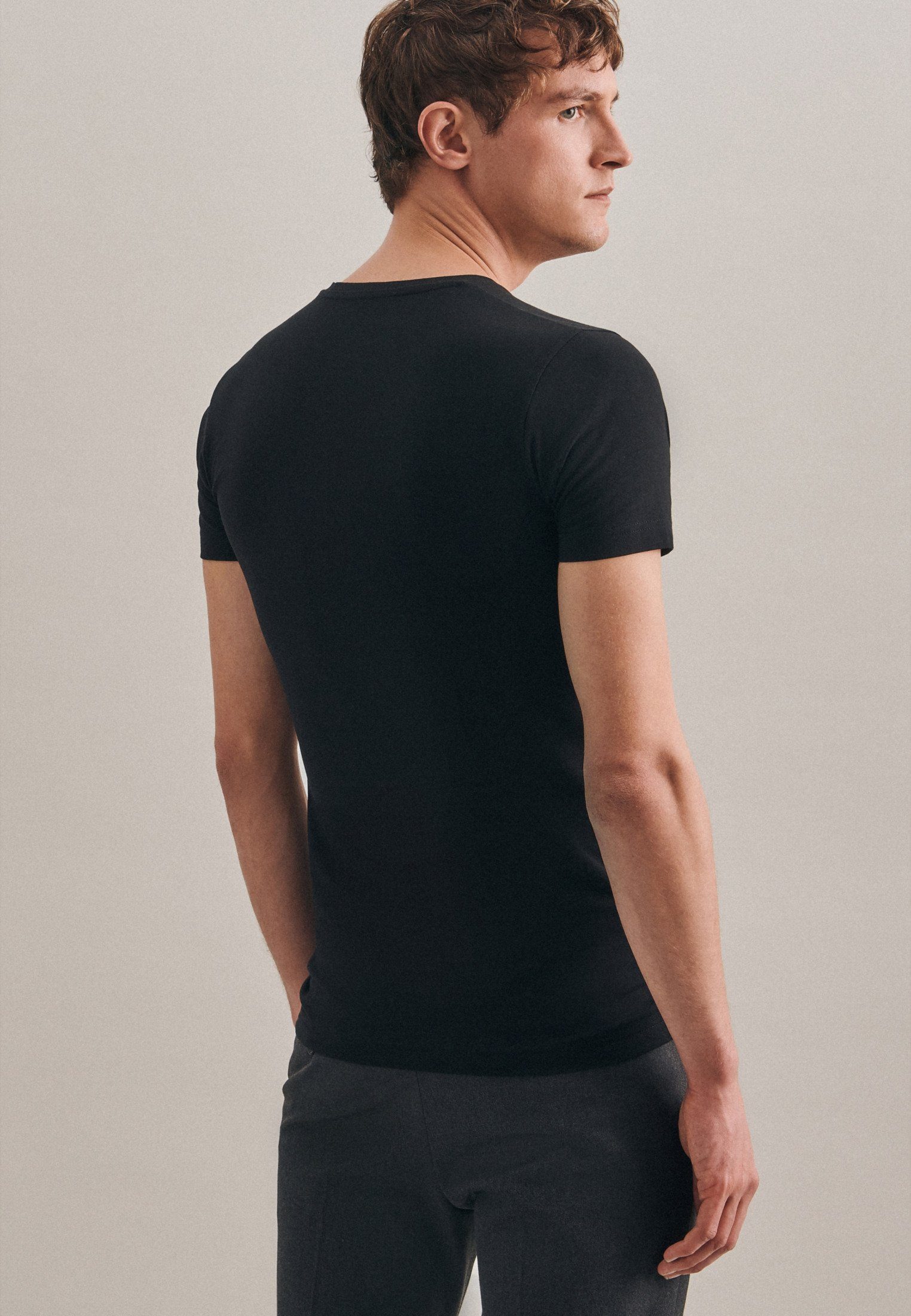 seidensticker T-Shirt Schwarze Kurzarm V-Neck Rose Uni