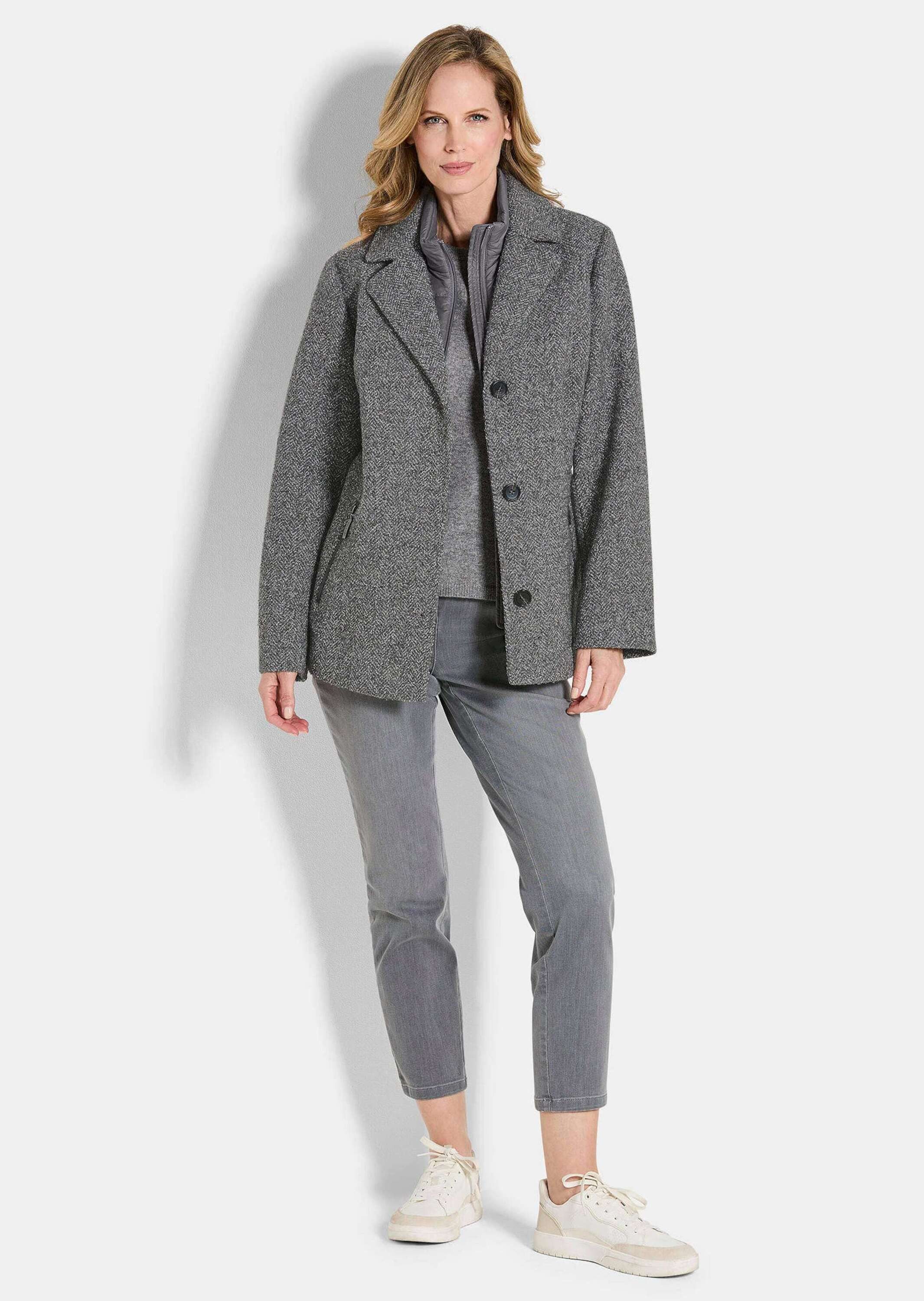 GOLDNER Outdoorjacke Moderne Wolljacke mit Steppeinsatz Wintermantel mit Fischgratmuster, Reverskragen und Langarm