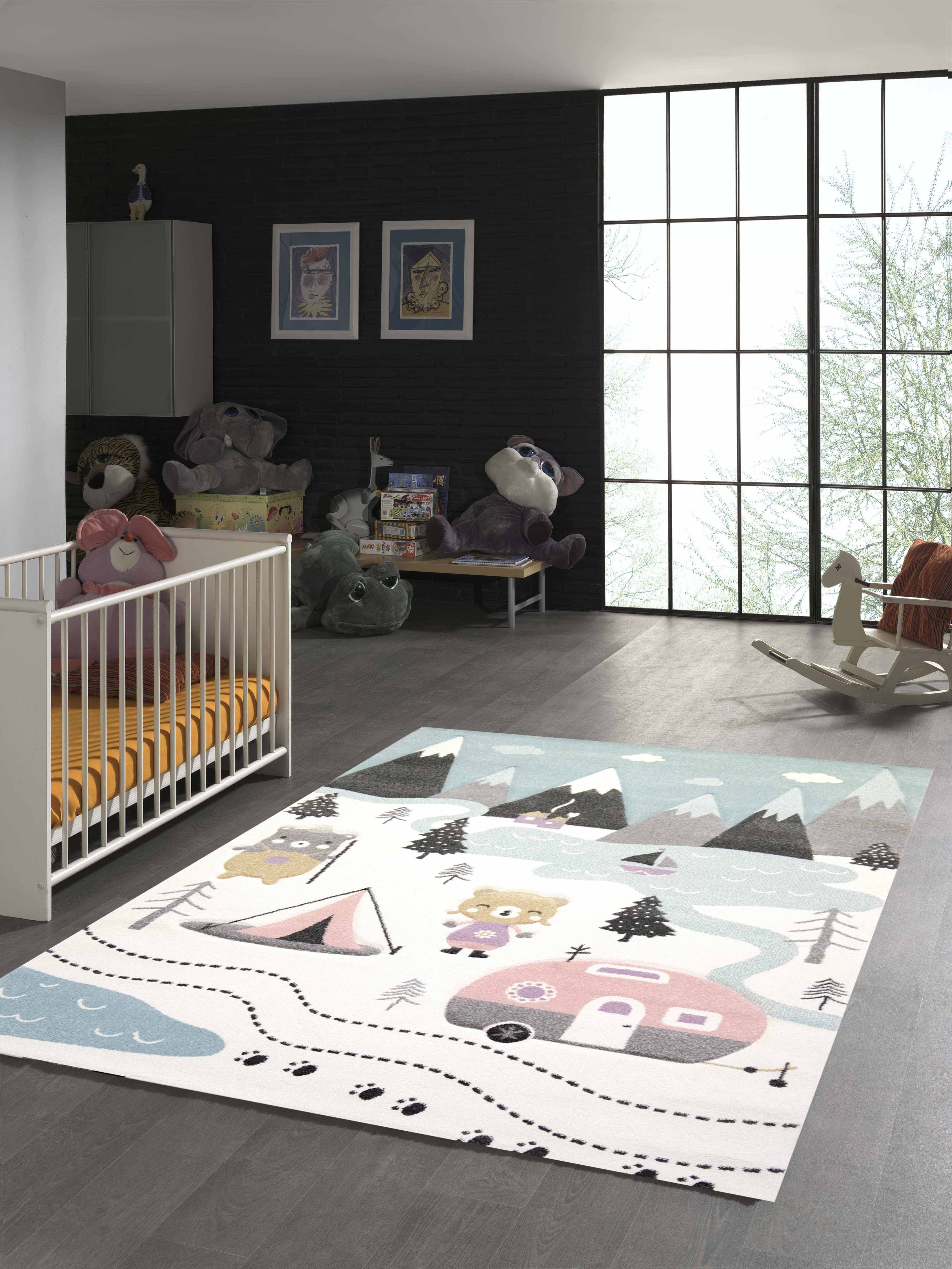 TeppichHome24 Kinderteppich Kinderzimmer Teppich Bären Wohnwagen Blau, rechteckig, Höhe: 13 mm