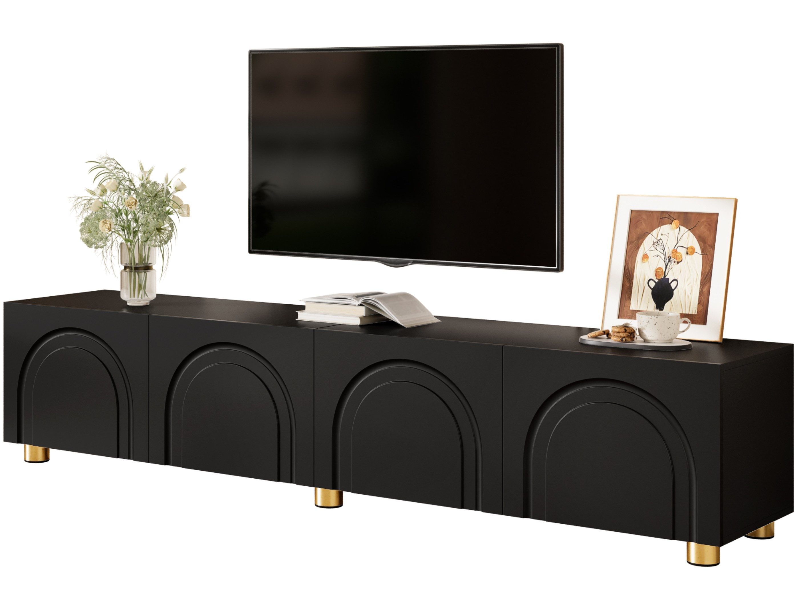SeedWave Lowboard TV-Schrank 180 cm mit 4 Türen, Stauraum und Metallfüßen (1 Stück), TV-Board mit Bogenrelief, Drucköffnung und Kabeldurchführung
