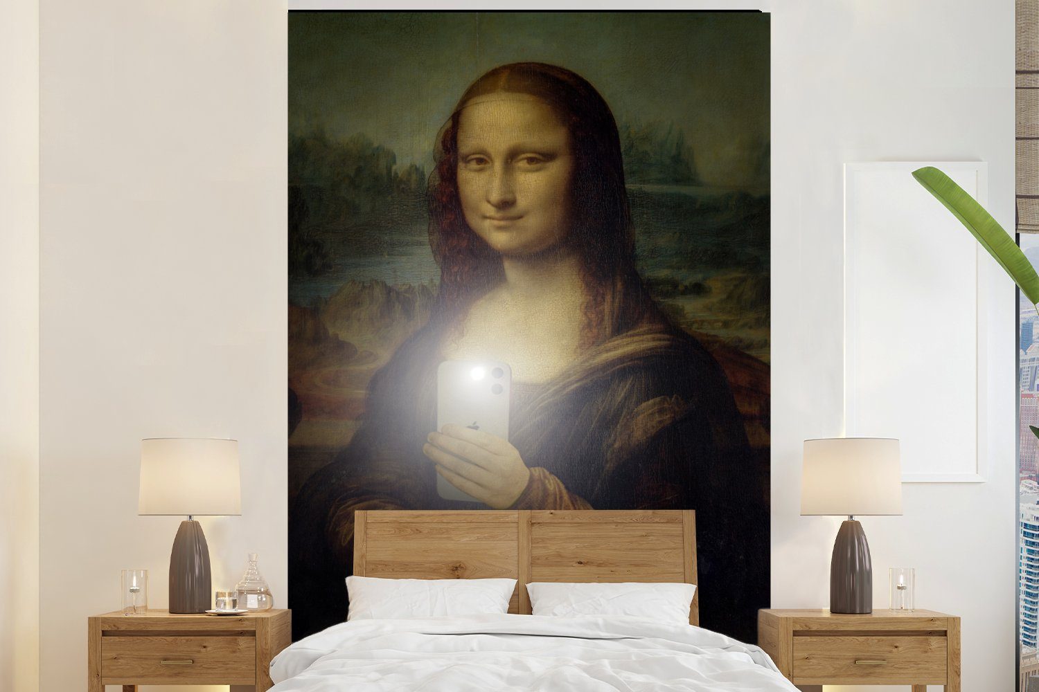 MuchoWow Fototapete Mona Lisa - Telefon - Da Vinci, Matt, bedruckt, (3 St), Montagefertig Vinyl Tapete für Wohnzimmer, Wandtapete