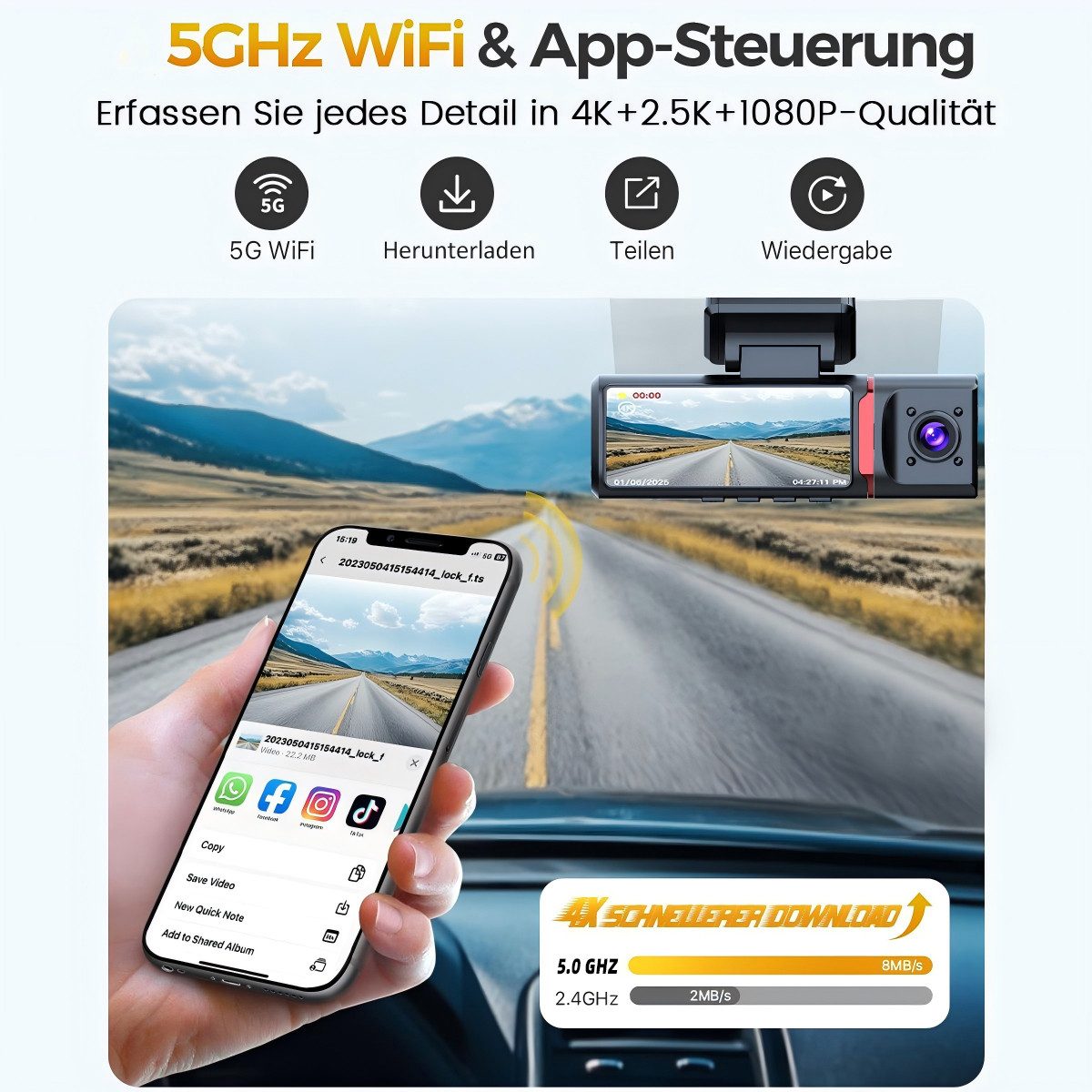 FOSMET Dashcam Auto,3 Channel 3.16" IPS-Bildschirm,mit GPS,WiFi,Auto kamera Dashcam (4K/2,5K+1080P, G-Sensor, 32GB-Karte, wasserfest, 170°Weitwinkel WDR,Loop-Aufnahme,Parküberwachung,Unterstützt 256GB Max)