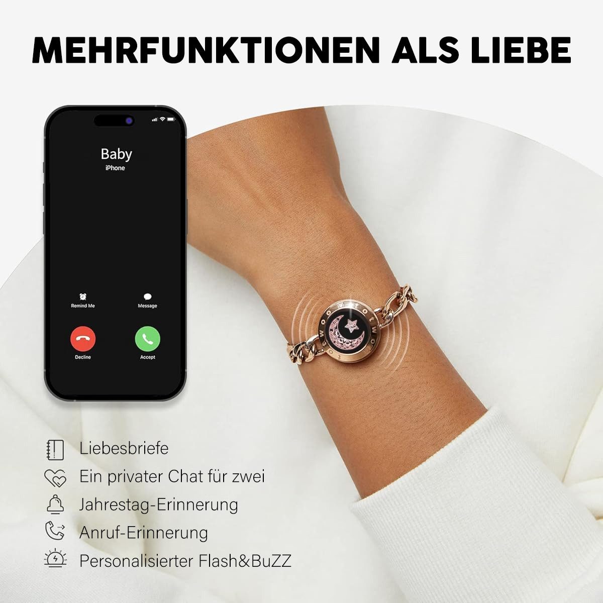 MOPUEA Bettelarmband Intelligentes Sensorarmband Armband Interaktives smart Paararmbänder (Bluetooth-Verbindung mit Vibration und Lichtsignal), Romantisches Design mit Sonnen- und Mondmotiv