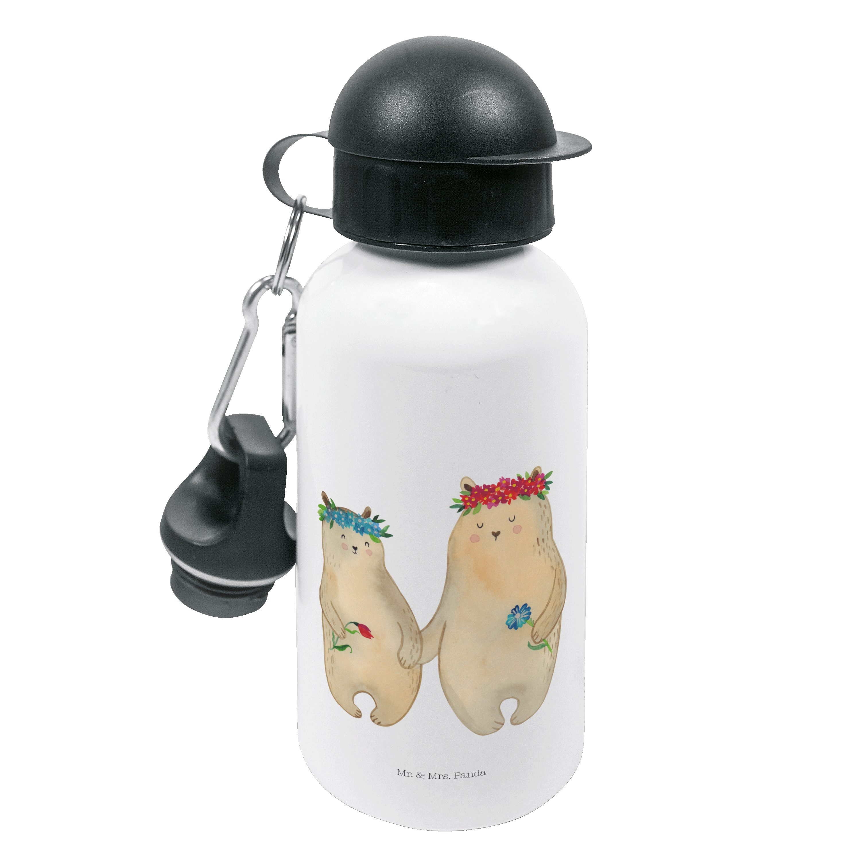 Flasche, Mrs. Mr. Bären & Blumenkranz mit Mädche Trinkflasche Panda - Geschenk, Weiß - Kindergarten