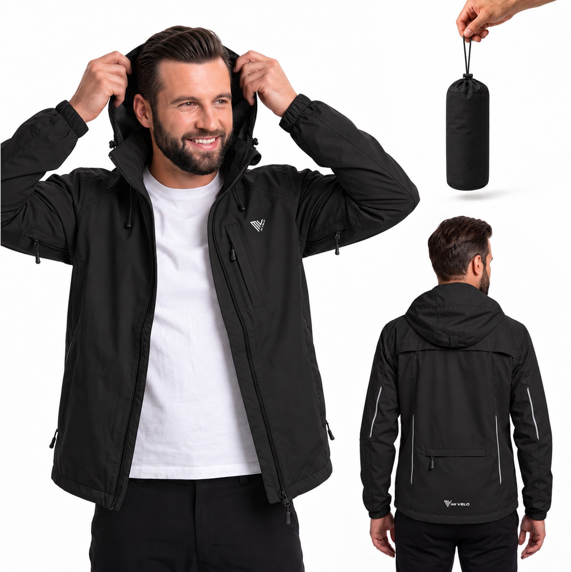 MIVELO Fahrradjacke MOVE für Herren - Regenjacke wasserdicht, winddicht & atmungsaktiv (inkl. praktischem Packbeutel) mit reflektierenden Elementen