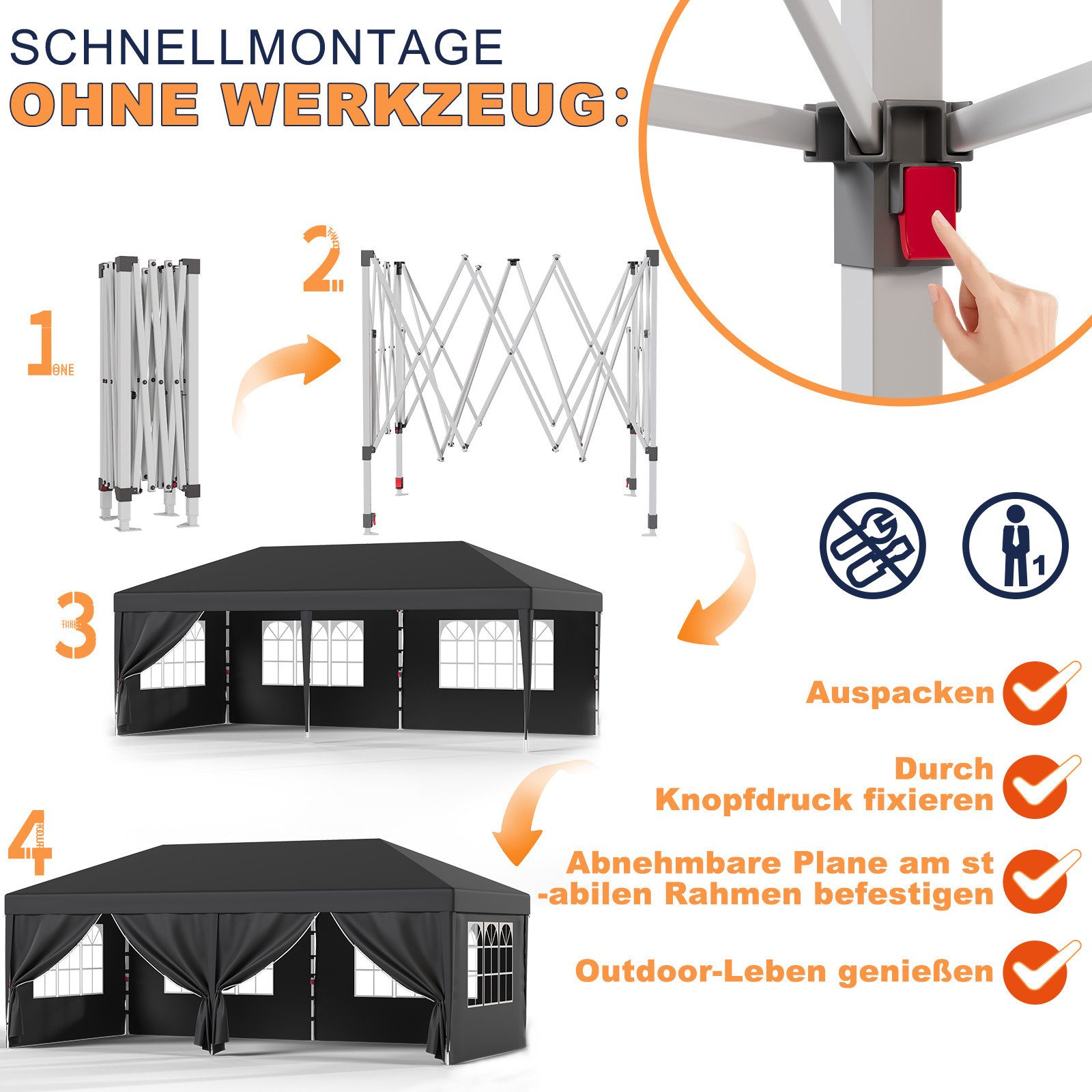 GUNJI Faltpavillon 3x6m Pop-up Pavillon, Höhenverstellbar, Wasserdicht Partyzelt, mit 6 Seitenteilen, UV30+ wetterfestes Partyzelt fur 4-10 Personen – Bild 4 von 5
