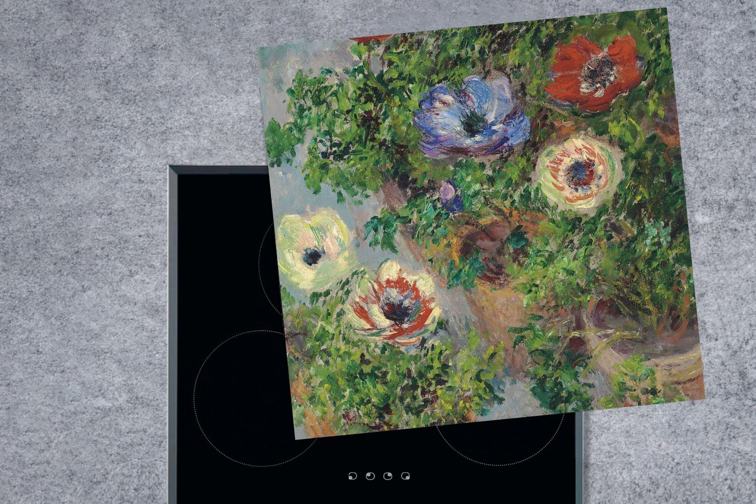 Herdblende-/Abdeckplatte - Arbeitsplatte 78x78 in Monet, cm, Glas küche (1 Ceranfeldabdeckung, für Vinyl, Claude von einem Gemälde MuchoWow tlg), Anemonen