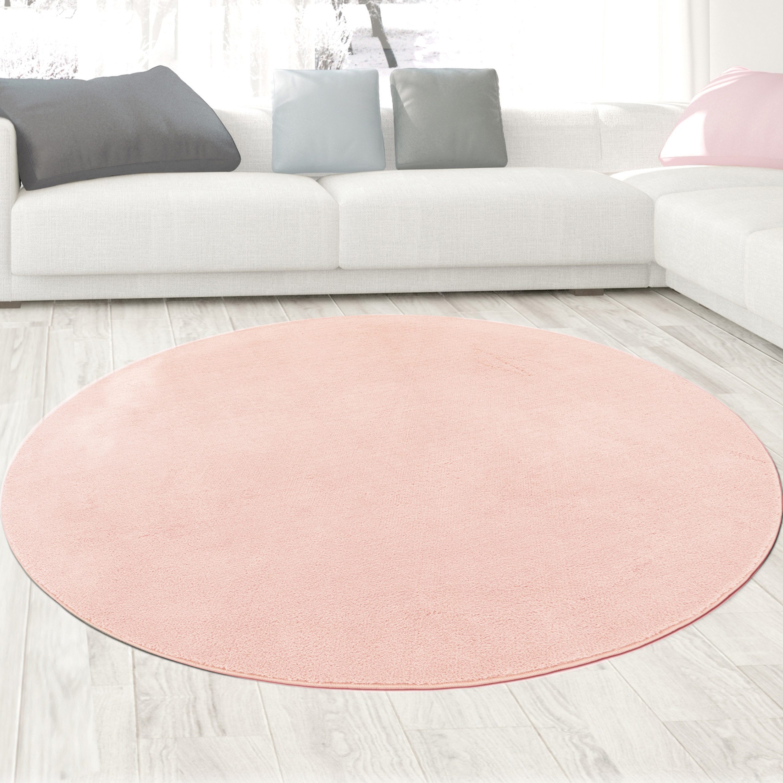 Carpetia Teppich Samtiges Uni-Design, rund, Höhe: 10 mm, samtig weich, pflegeleicht, rutschhemmende Rückseite