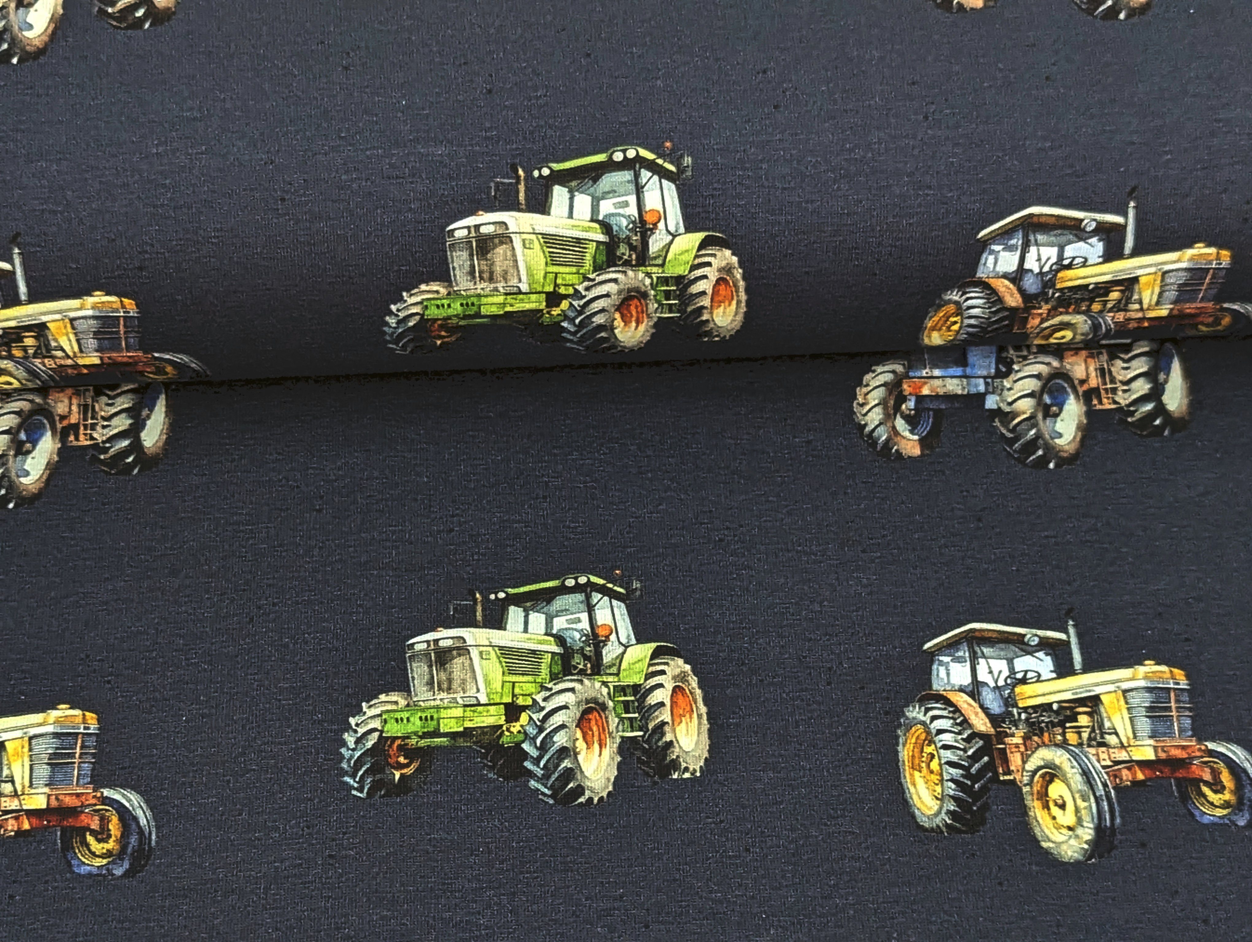 Corileo Stoff EP Baumwolljersey Traktoren Farm auf Nachtblau Stoff Meterware