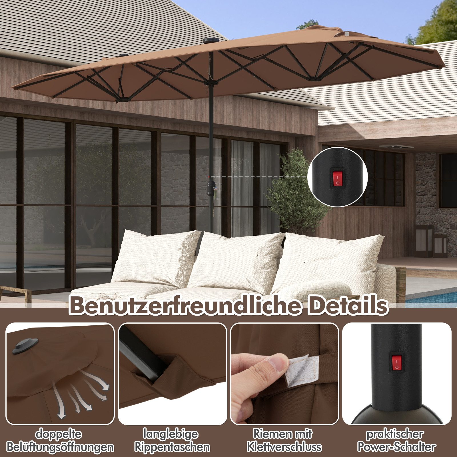 KOMFOTTEU Sonnenschirm, LED Doppelsonnenschirm mit Ständer, günstig online kaufen