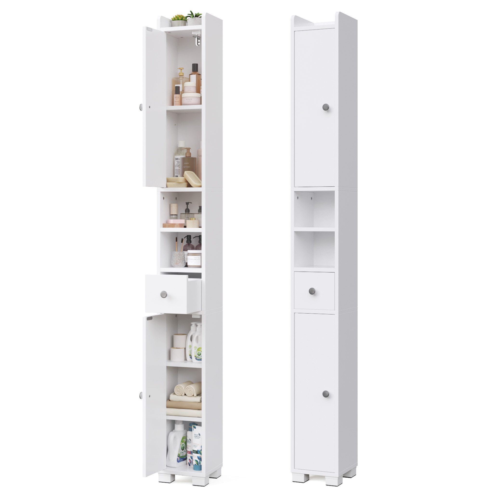 Mondeer Hochschrank Badschrank (20 x 20 x 180 cm für Kleine Räume) mit Verstellbaren Böden, Schublade & offenen Fächern, Weiß
