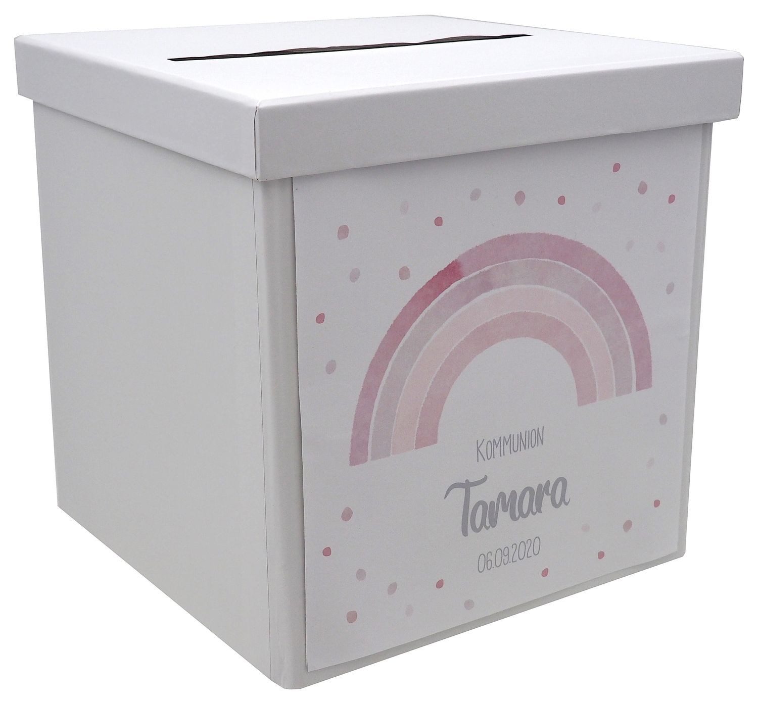 ZauberDeko Geschenkbox Briefbox Regenbogen Rosa Taufe Kommunion Konfirmation MIT NAME