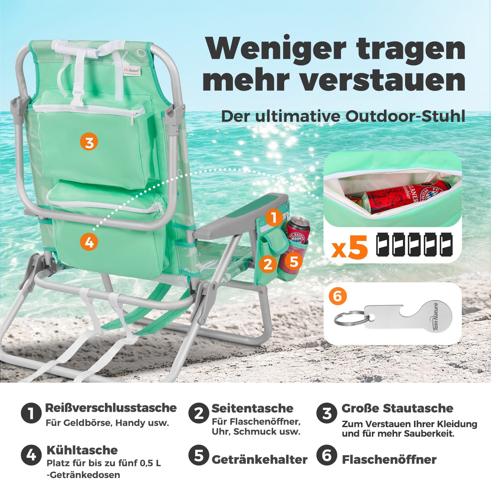 HOMECALL Klappstuhl Strandstuhl Leicht Klappbar Camping, 5-fach verstellbare Rückenlehne (Bis150KG Aluminiumrahmen, groBe Kuhitasche und Aufbewahrungstasche, 2  – Bild 5 von 5