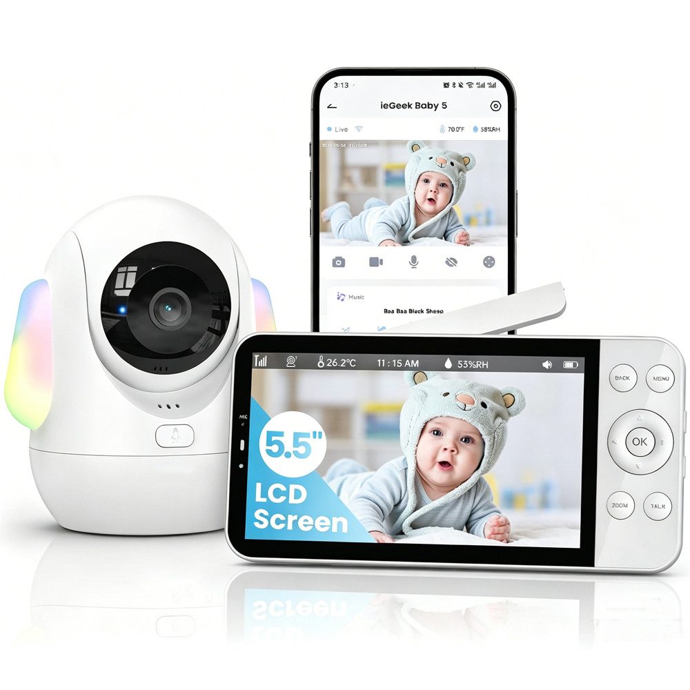 TWUFY Babyphone Babyphone mit Kamera 2.5K & 5.5-Zoll-HD-Großbildschirm Nachtsicht, unterstützt 2,4 GHz und 5 GHz, 1-tlg., 360° WLAN Video Babyfon mit App, Musik & Buntes Nachtlicht, Intelligente Erkennung