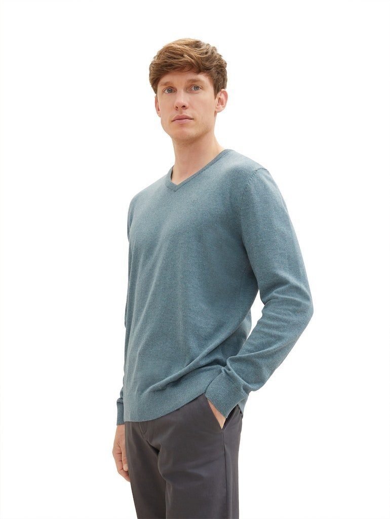 TOM TAILOR Sweatshirt Basic Melange Sweater (1-tlg) Dusty V-Neck Dark Teal 32714