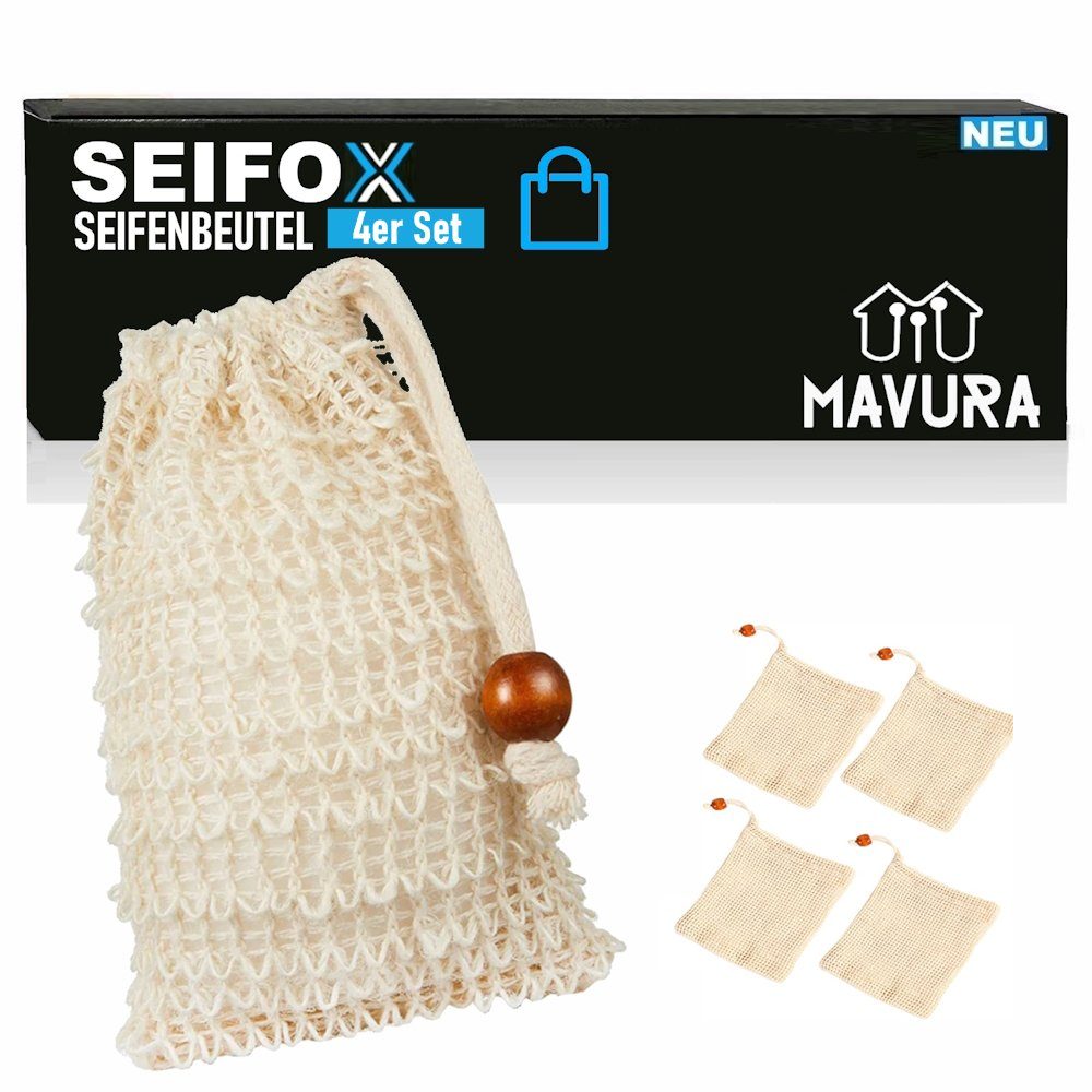 MAVURA Seifenablage SEIFOX Seifenbeutel Seifensäckchen Seifennetz Seifensack, Seifenrestebeutel Peeling-Schwamm Netz [4er Set]