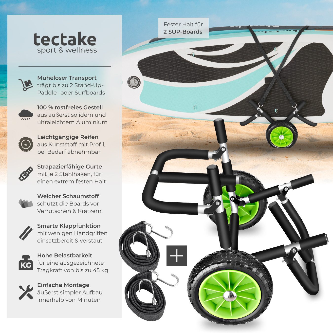 tectake SUP-Transportwagen Surfboard Transportwagen klappbar, 62 x 53 x 49 cm, (Paddel Board Transportwagen WaveWheel, inkl. 2 Sicherungsgurte in schwarz/grün), – Bild 2 von 5