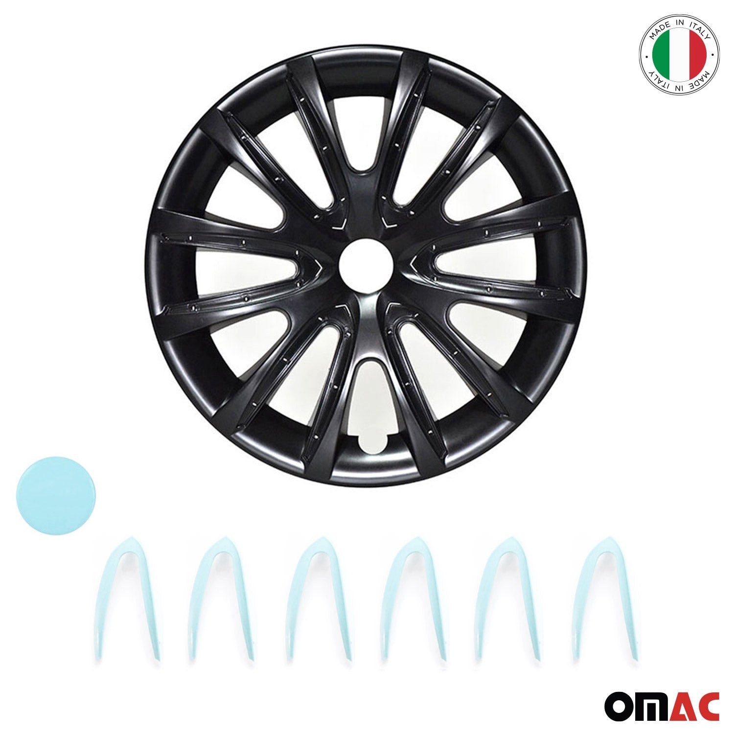 OMAC Wheel Covers 4x Wheel Covers 14 inch Black & Light Blue, (4-Piece Set) Easy Installation, Lightweight, Car Wash Safe