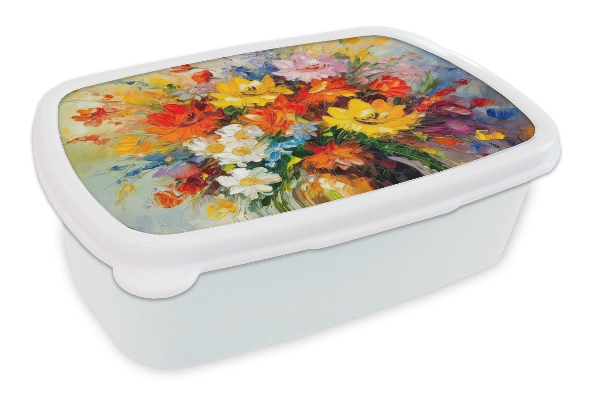 MuchoWow Lunchbox Blumen - Bunt - Ölfarbe - Blumentopf, Kunststoff, (2-tlg), Brotbox für Kinder und Erwachsene, Brotdose, für Jungs und Mädchen weiß