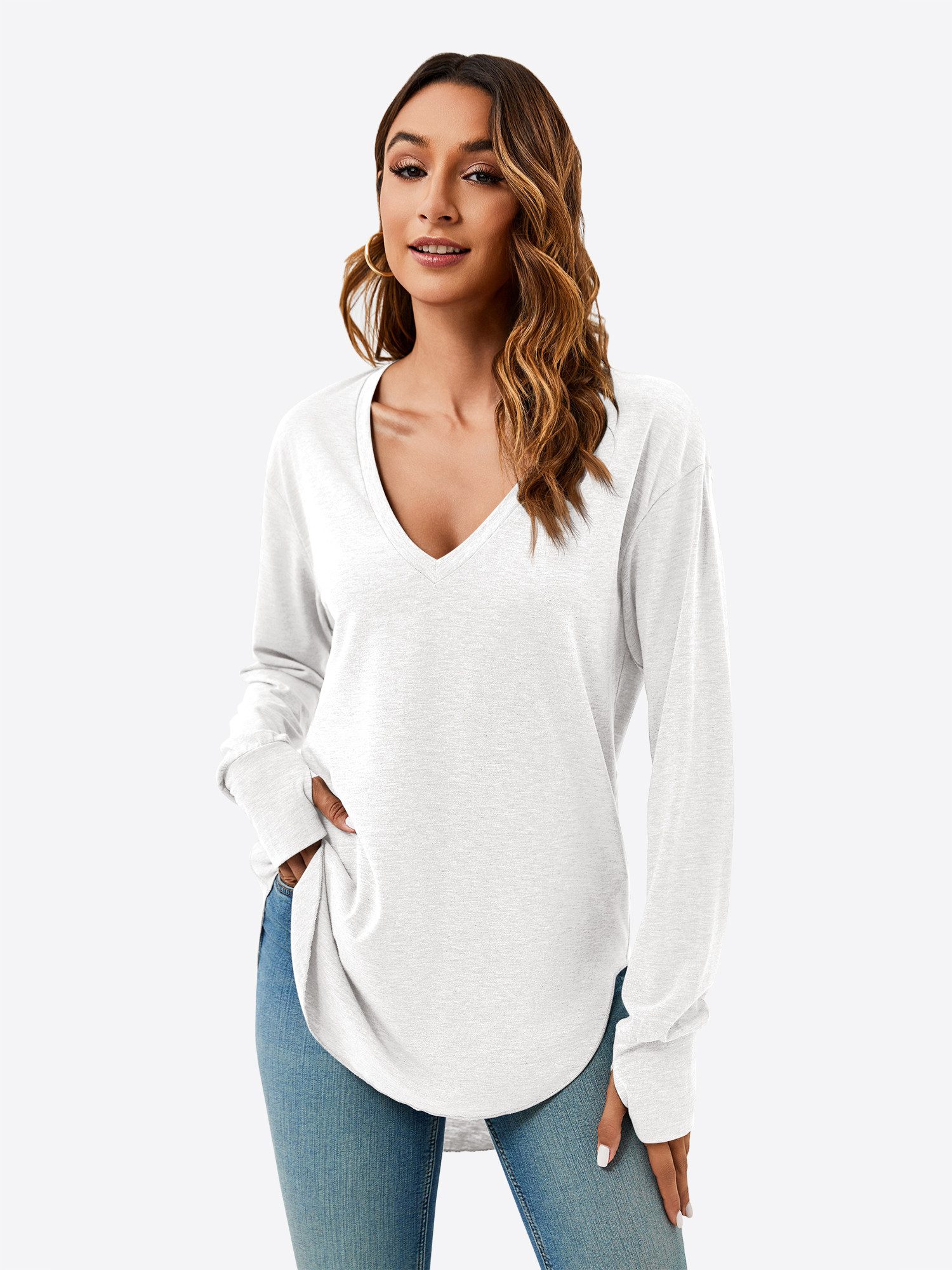 Imily Bela T-Shirt Damen Langarmshirt Oversize mit tiefer V-Ausschnitt (Pac günstig online kaufen