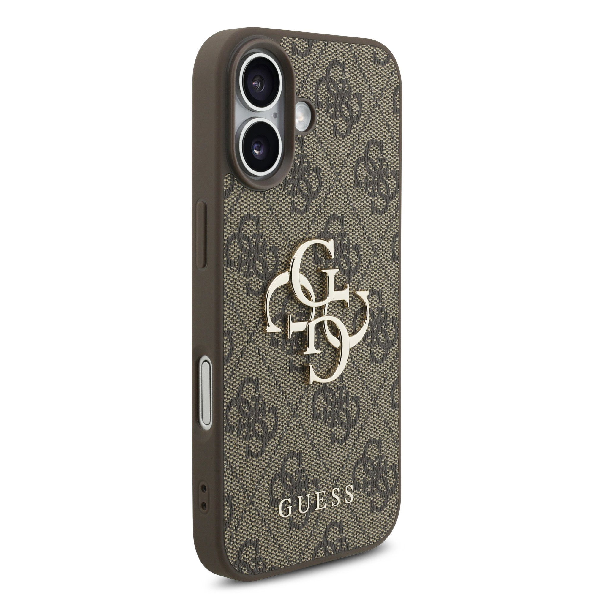 Guess Handyhülle Case iPhone 17 Kunstleder braun Big Logo goldfarbig Kette 6,3 Zoll, Kantenschutz