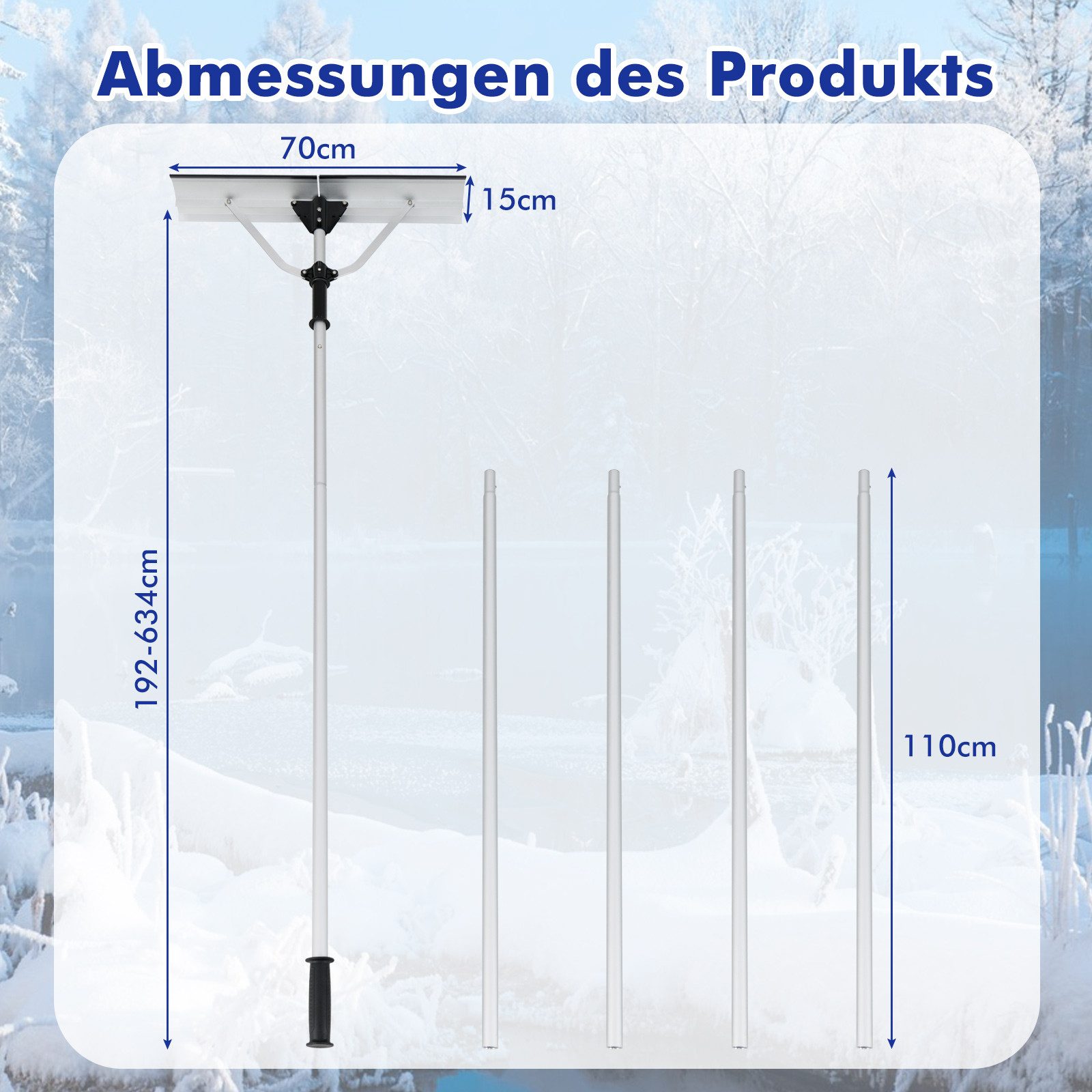 COSTWAY Schneeschieber, 70 cm Arbeitsbreite, Schneeschaufel mit Teleskopstiel, 192-634 cm verstellbar