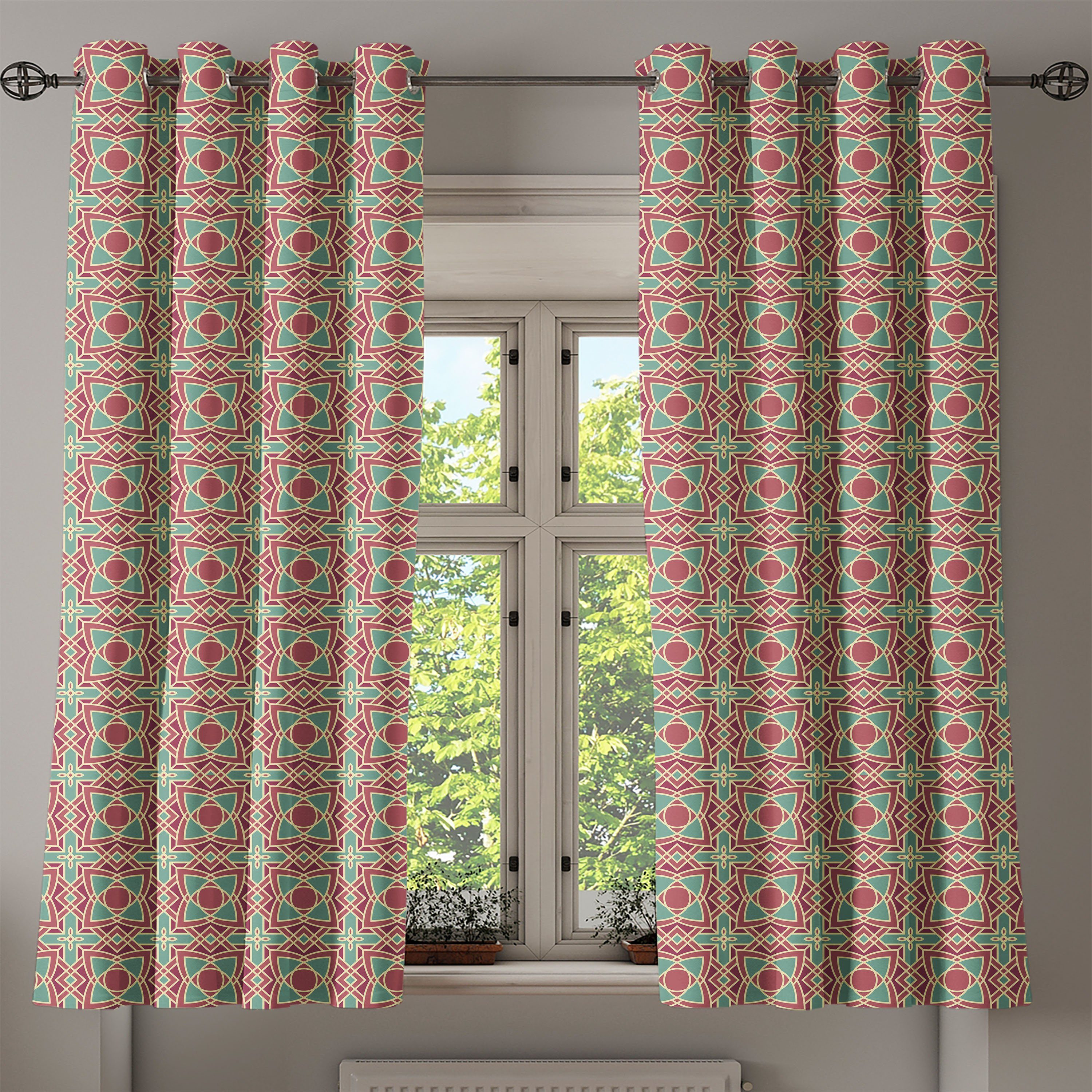 große 2-Panel-Fenstervorhänge für Schlafzimmer Dekorative Rahmen Abakuhaus, Gardine Ethnisch Wohnzimmer, Blüten-
