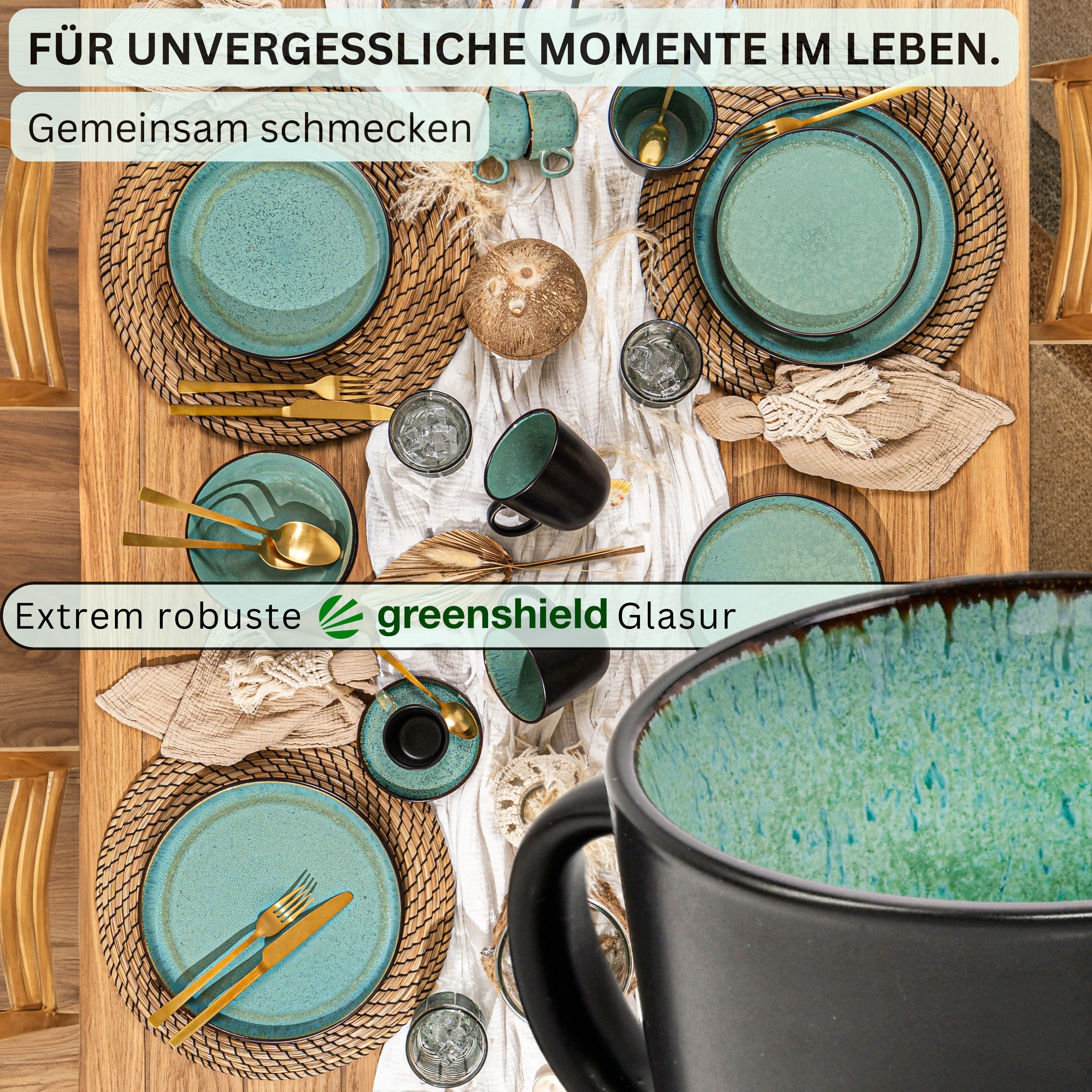 SÄNGER Becher Set Fiji Grün Schwarz, 6-tlg., Steingut, 6 tlg. Kaffeebecher Set, Handmade, VALUE COLLECTION