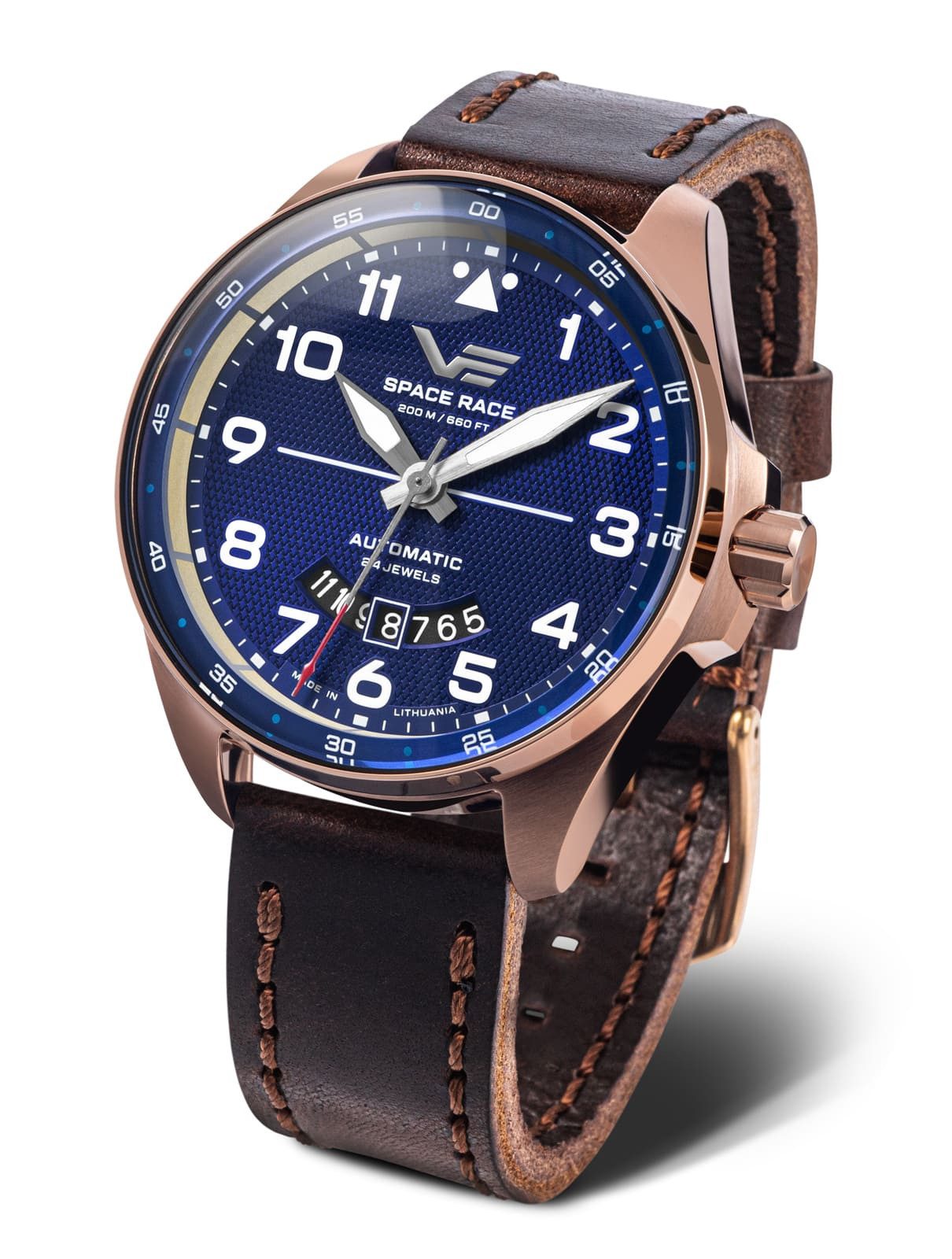 Vostok Europe Automatikuhr Space Race, Braun-Blau, Edelstahlgehäuse, Lederarmband, 325B746-L, 47 mm, bis 20 ATM wasserdicht