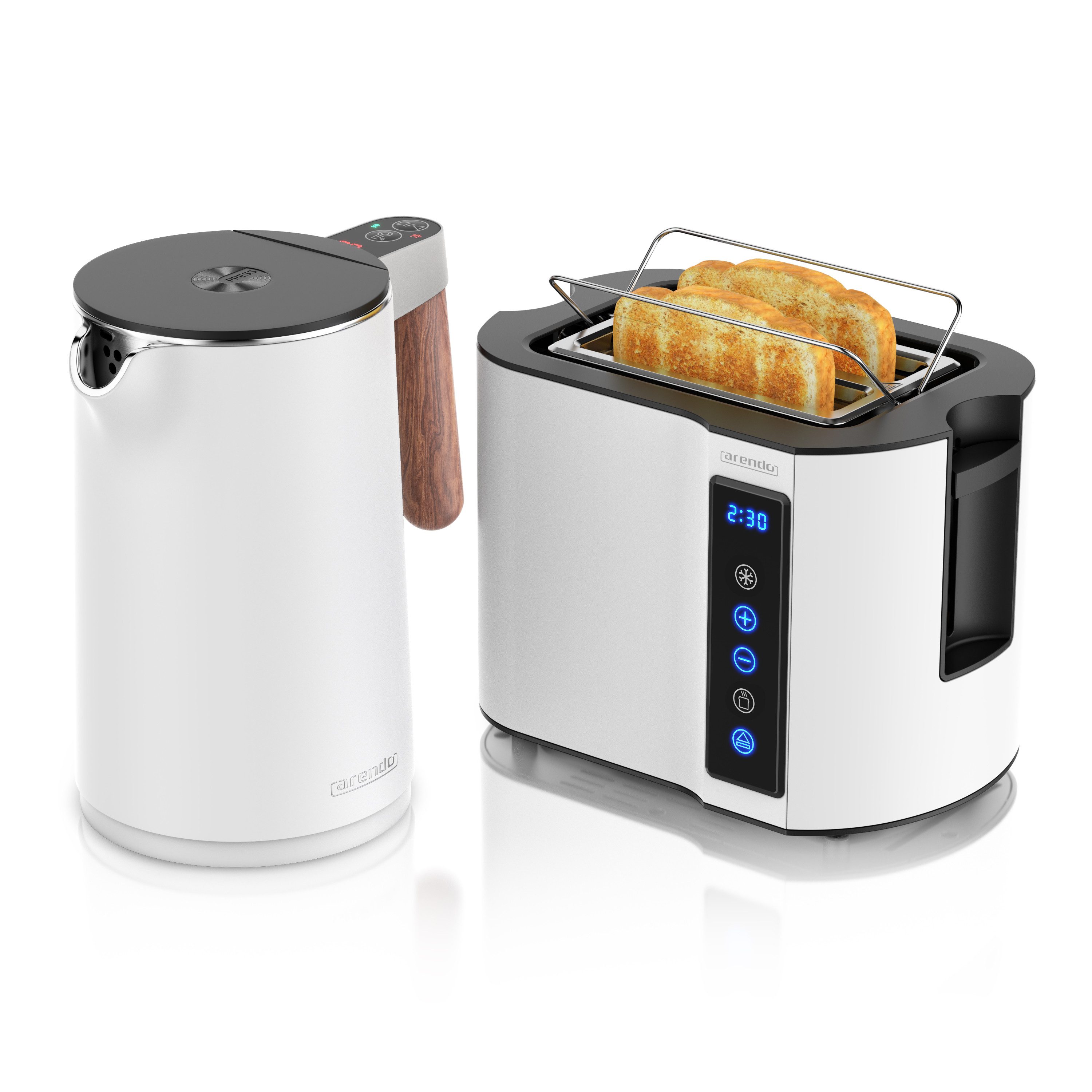 Arendo Frühstücks-Set Edelstahl Wasserkocher 1,5l, 2-Scheiben Kurzschlitz Toaster, weiß (2-tlg), Wasserkocher mit Temperatureinstellung, Toaster Brötchenaufsatz, Touch