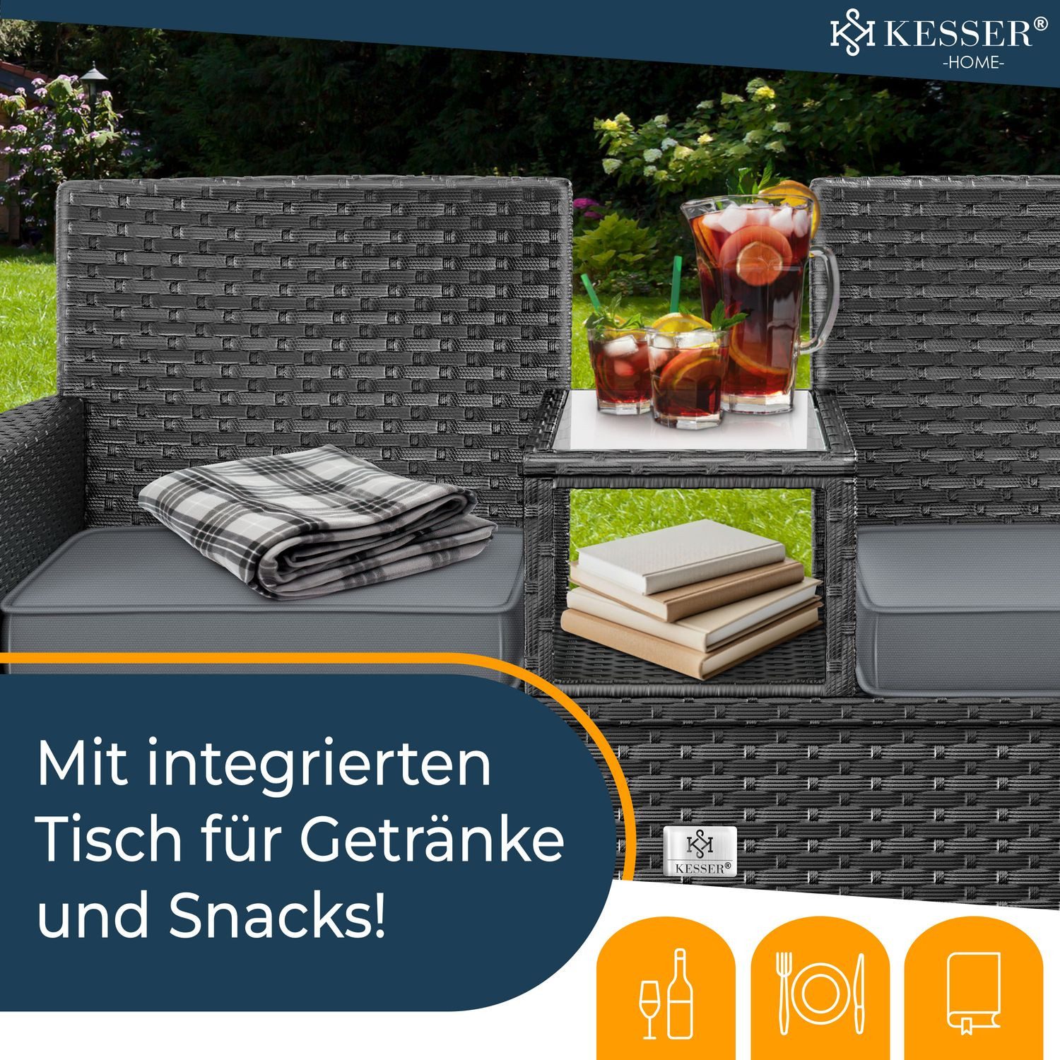 KESSER Gartenbank, Polyrattan Gartenbank 2-Sitzer Bank mit integriertem Tisch