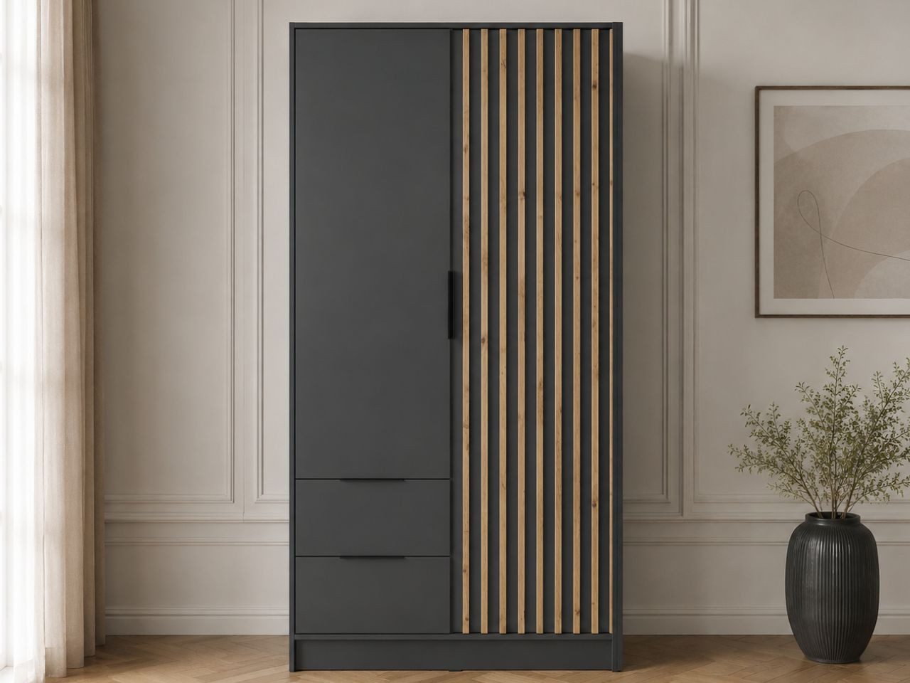 GrainGold Kleiderschrank Macron (Set, Kleiderschrank) Laminierte Platte, ohne Spiegel, mit Schubladen und Lamellen, 105 cm