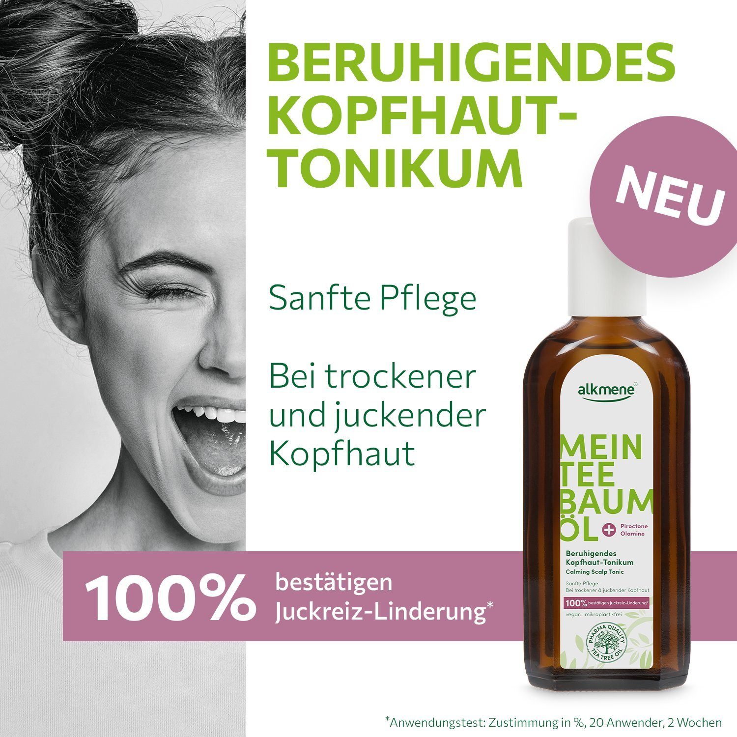 Linderung 2x Teebaumöl Tonikum Juckreiz alkmene 100% 2-tlg. bestätigt vegan, Haarwasser Kopfhaut