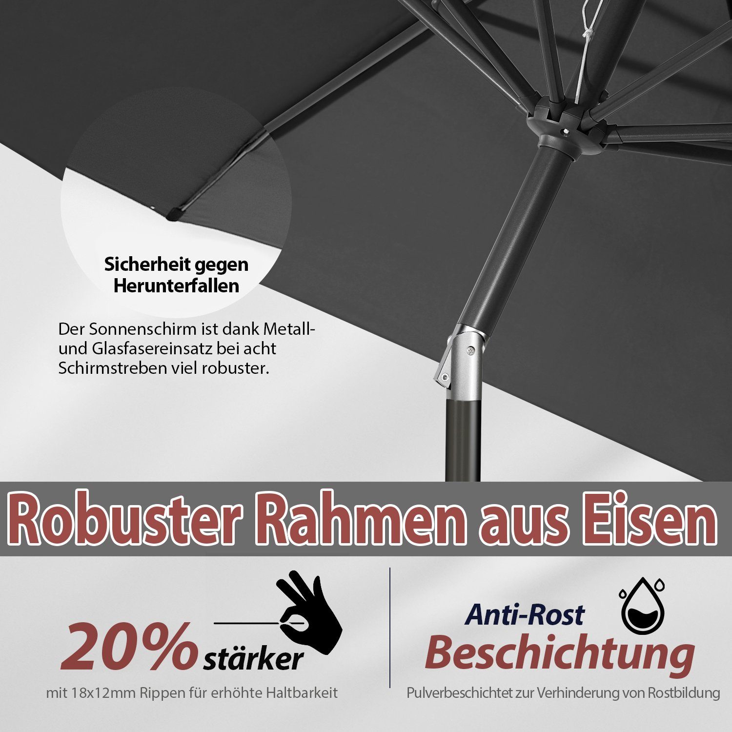 Sekey Sonnenschirm ∅ 220/270/350 cm Gartenschirm mit Kurbel Marktschirm Neigbar, LxB: 270,00x271,00 cm, Sonnenschutz UV50+, Windfest und Stabil, 100% Wasserfest – Bild 5 von 5