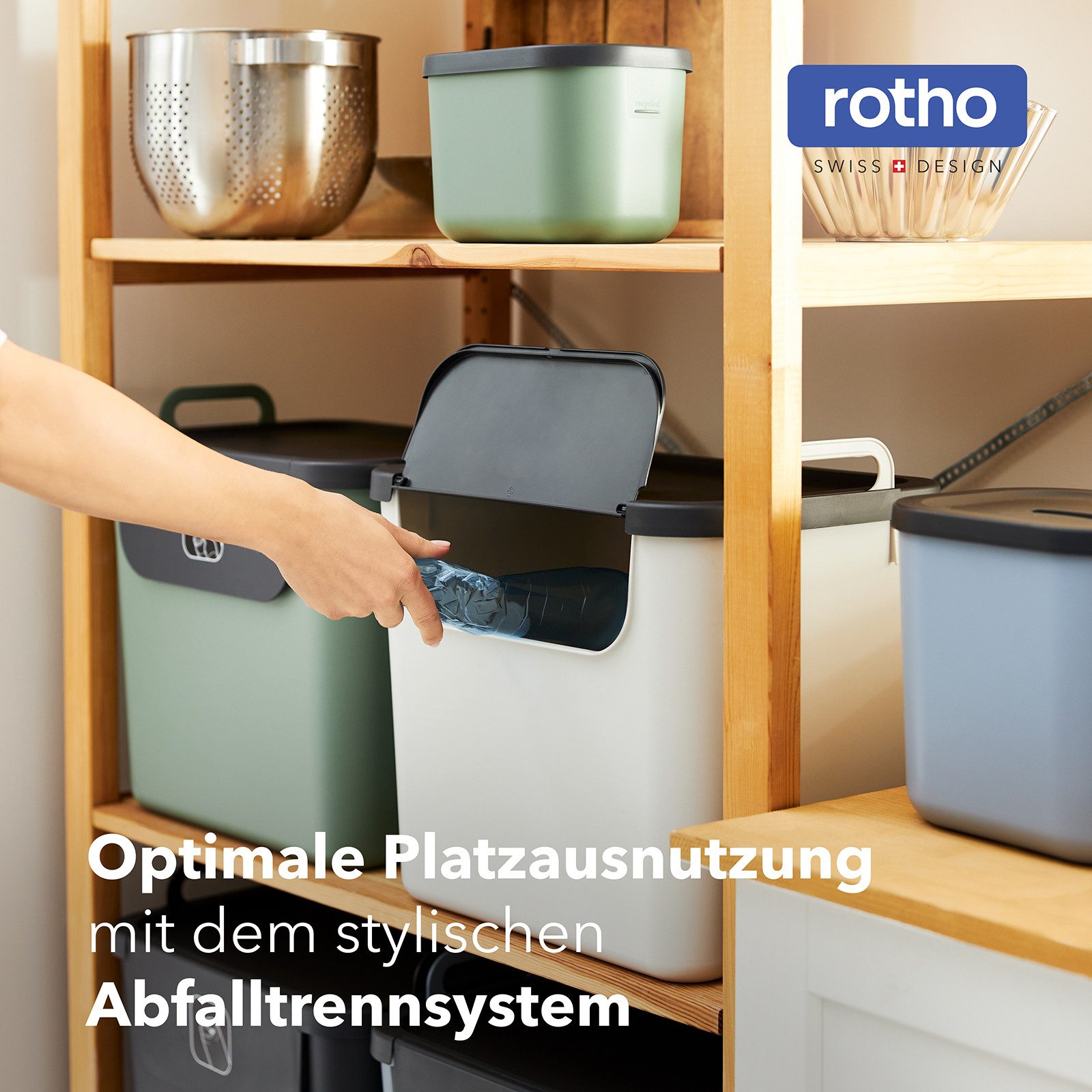 ROTHO Mülltrennsystem SALSA Mülltrennsystem 3x30 l stapelbar mit Klappdeckel, Stapelbares Mülltrennsystem für effiziente Abfalltrennung