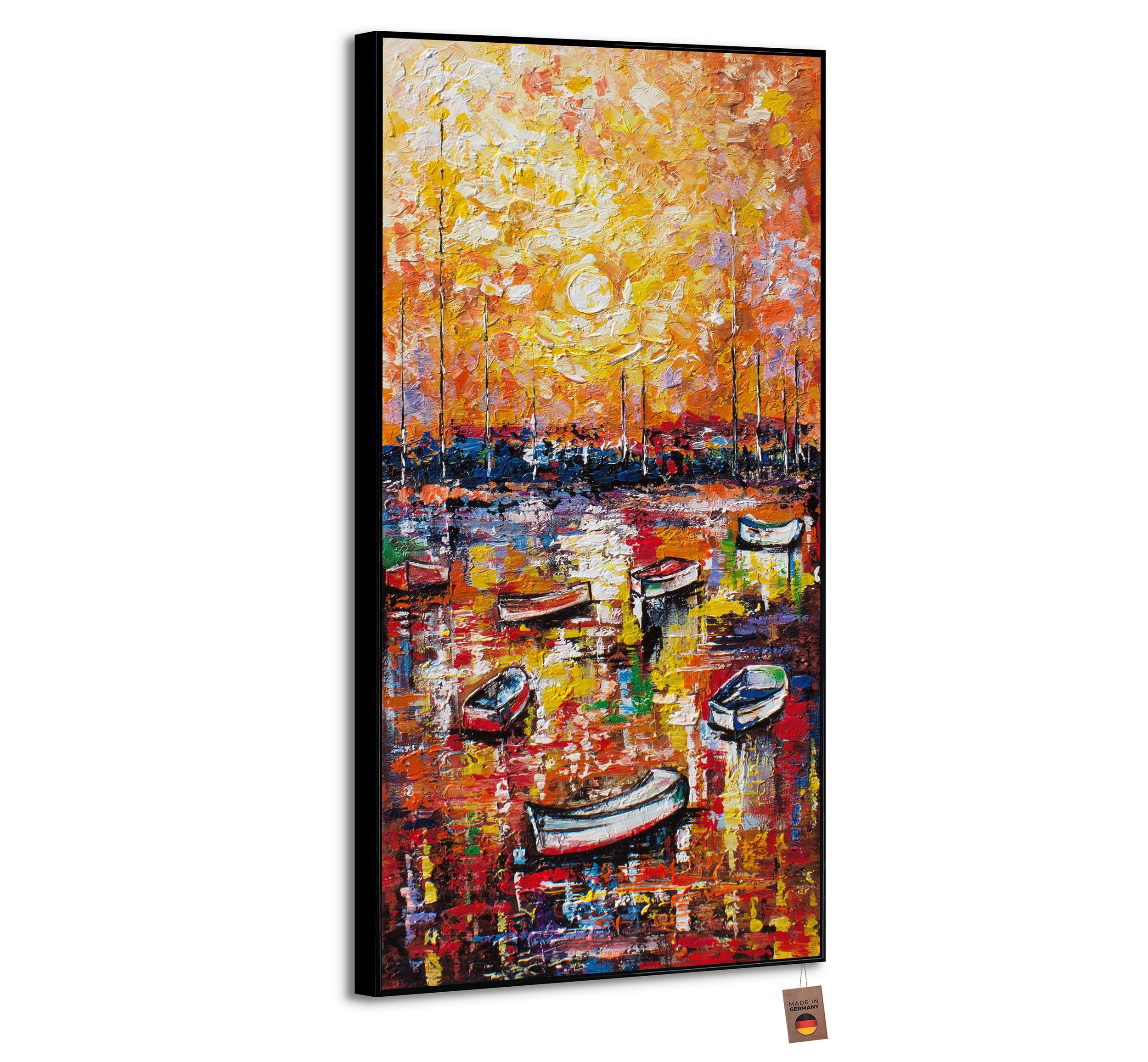 YS-Art Gemälde Hafen, Landschaft, Hafen Segelboote Wasser Bunt Rot Orange Mit Rahmen in Schwarz