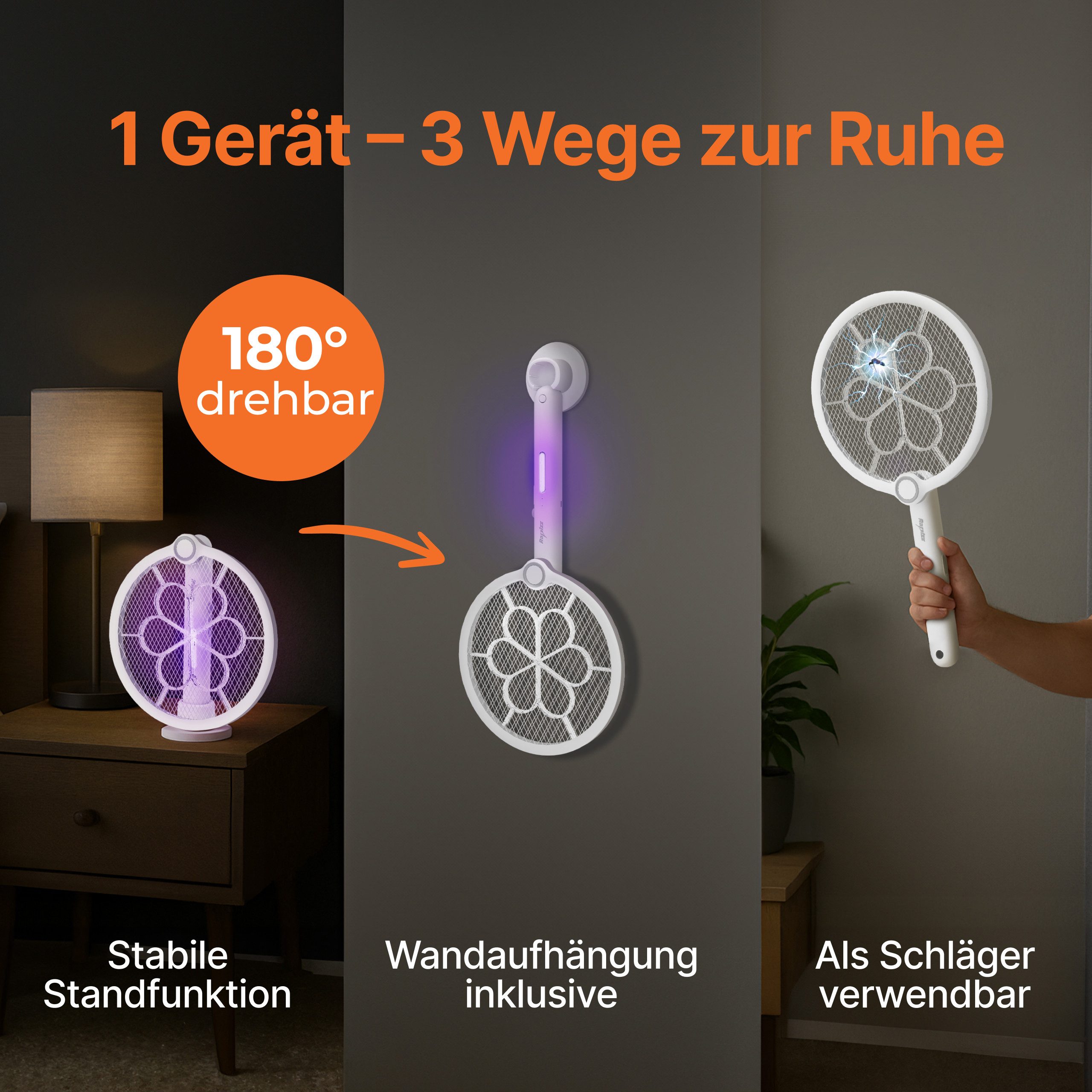 RAPIZZ Fliegenklatsche Elektrischer Insektenfänger - 2in1 Funktion - Mit Akku - Schwarz&Weiß, Gratis Fliegenklatsche - Inkl. USB-Ladekabel - Als Schläger & UV-Falle