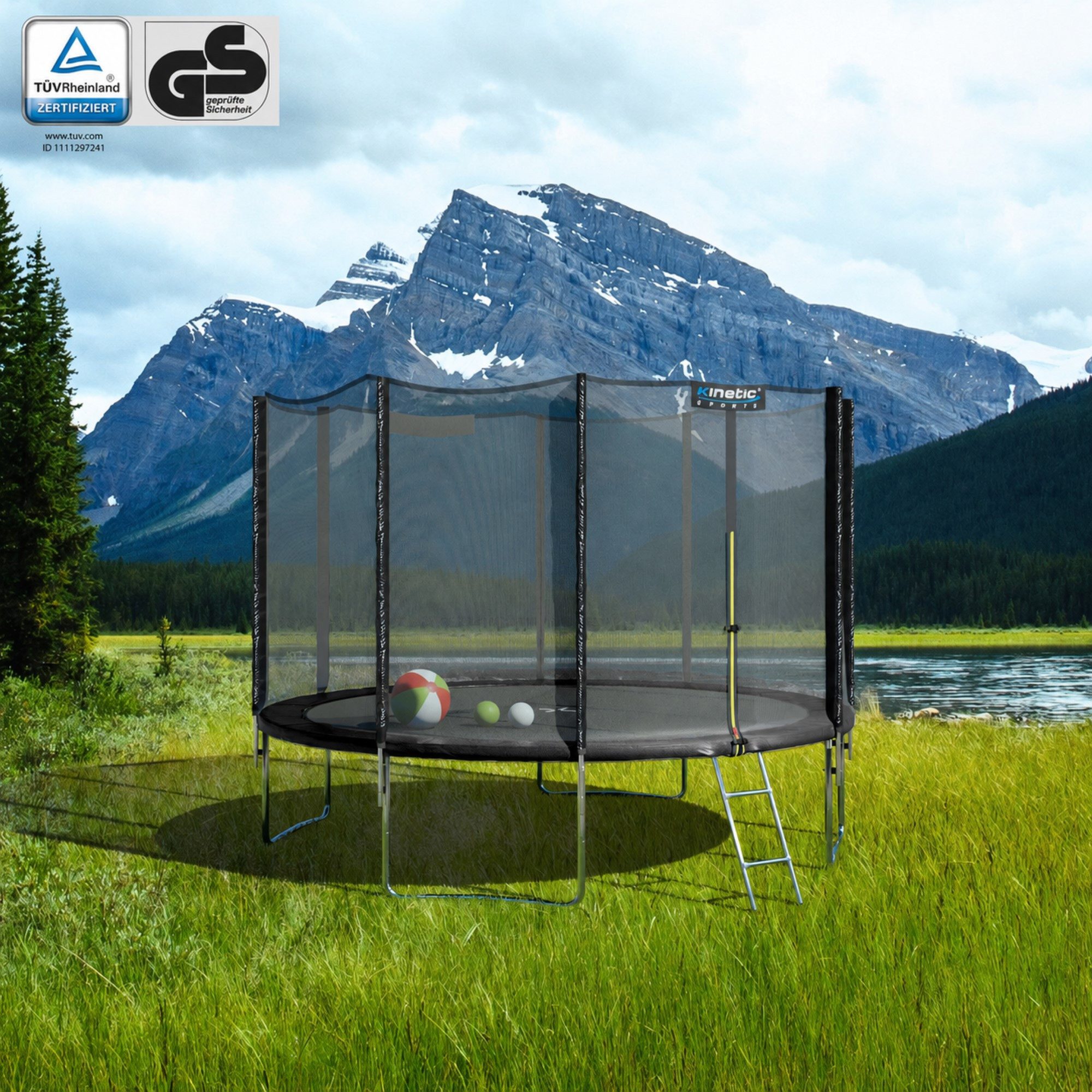 Kinetic Sports Gartentrampolin SALTO PLUS, Ø 244 cm, Komplett-Set mit Leiter, Regenplane, Einstiegsleiter