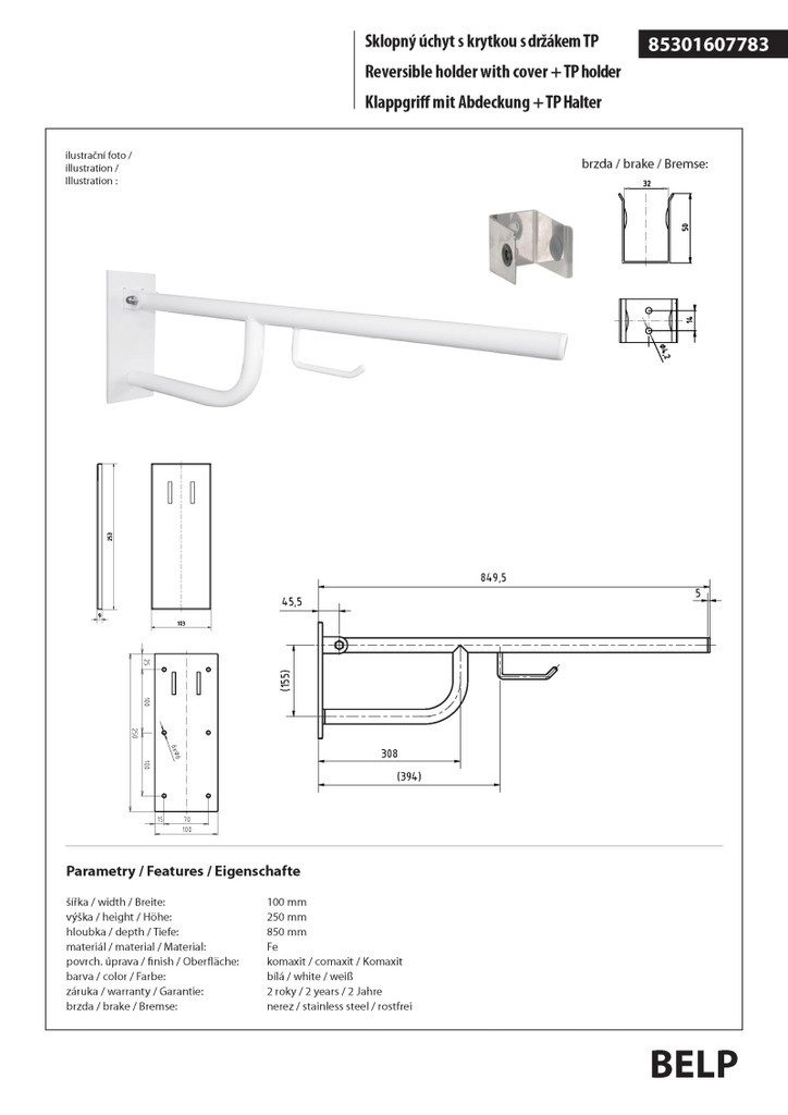 BRILLANTBAD® Stützklappgriff BELP Stützklappgriff Papierhalter Eisen Weiß für Bad & WC >> Bohren