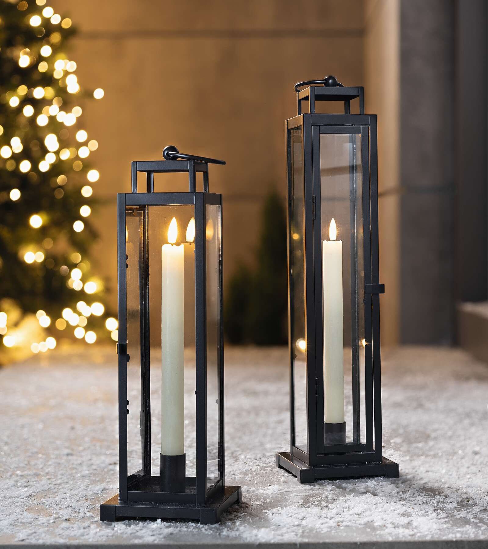 Dekoleidenschaft Kerzenlaterne "Modern Black" Metall Laterne, Windlicht, Kerzenständer, Kerzenhalter (2 St., im Set), Metalllaterne schwarz, 34 + 44 cm hoch