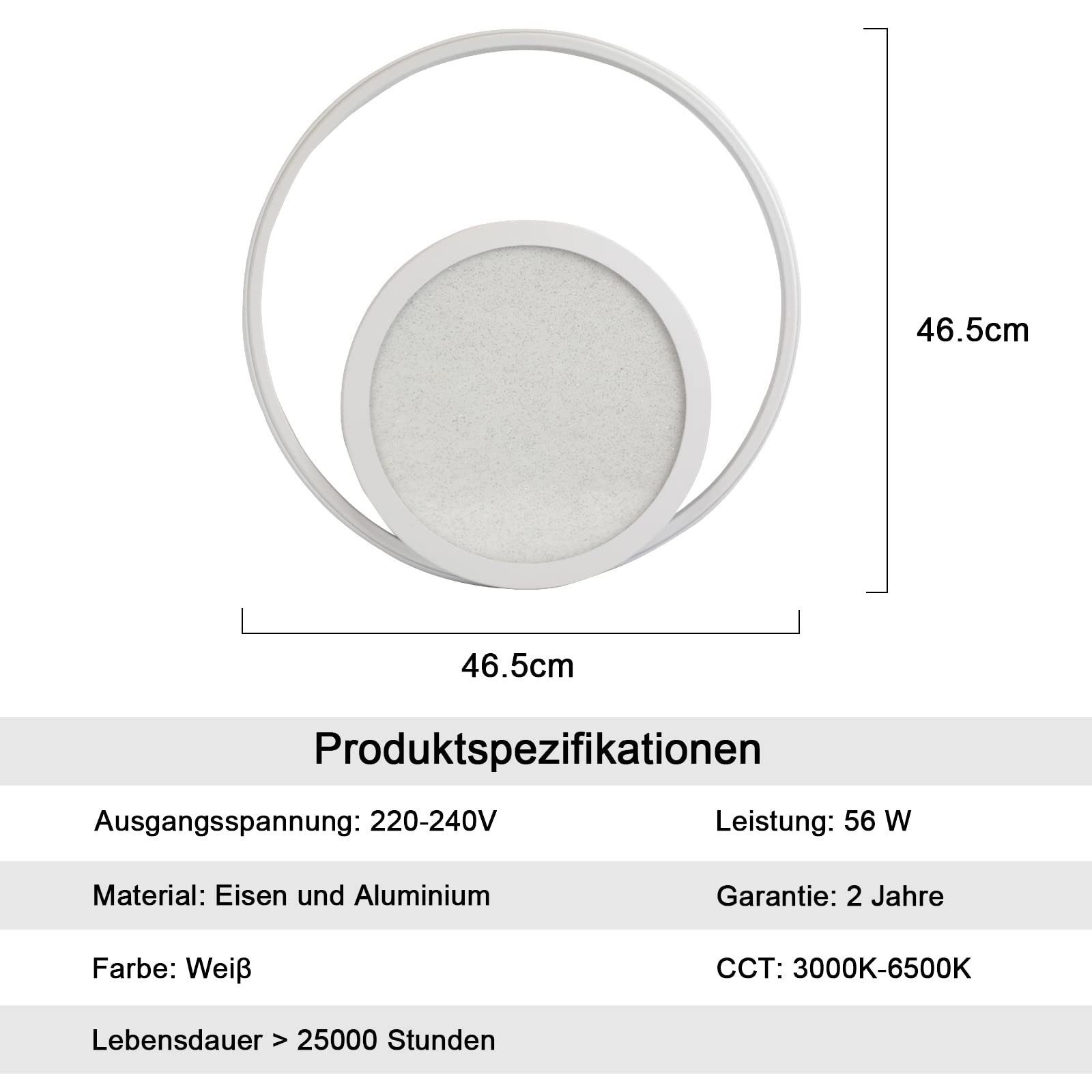 ZMH LED Deckenleuchte Modern 2-Ringe fest ‎Schwarz, warmweiß-kaltweiß, Weiß 56W integriert, und LED Sternnenhimmel Fernbedienung, mit