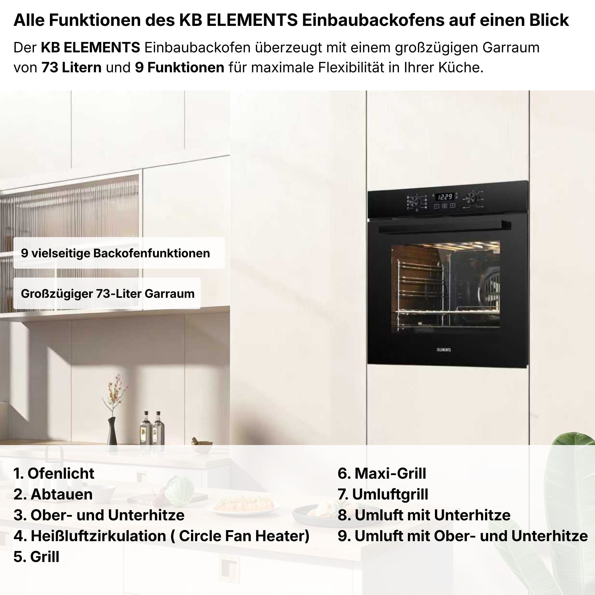 KB Elements Backofen-Set Einbaubackofen 60 cm mit 4-Zonen Glaskeramik Kochfeld 60 cm, AQUA CLEAN, Aqua Clean, Circle Fan Heater, Flexzone