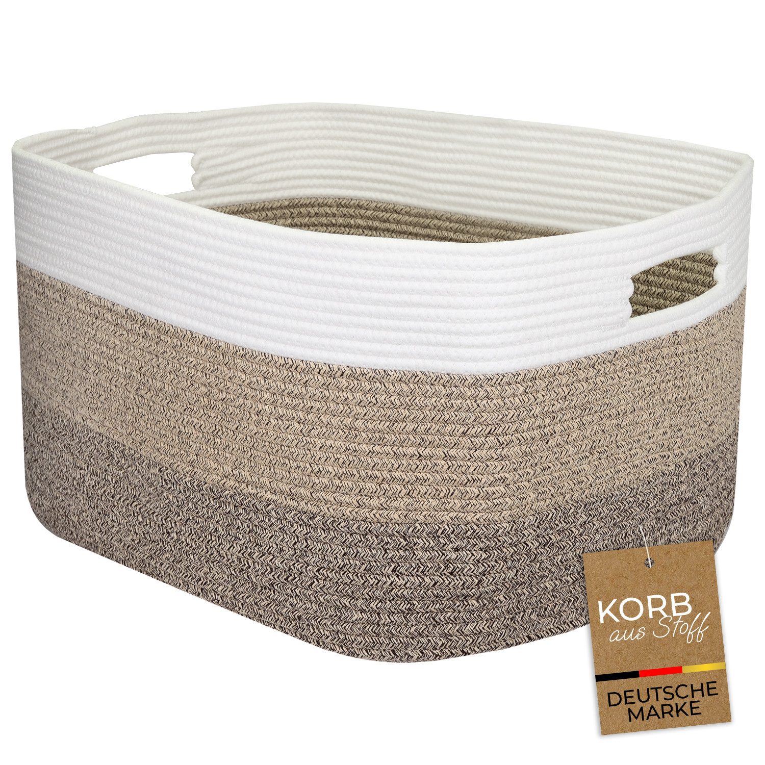 HMF Aufbewahrungskorb XXL Wäschekorb aus Baumwolle, 71 Liter, rechteckiger Aufbewahrungskorb mit Griffen, 55 x 43 x 30 cm Weiß-Braun