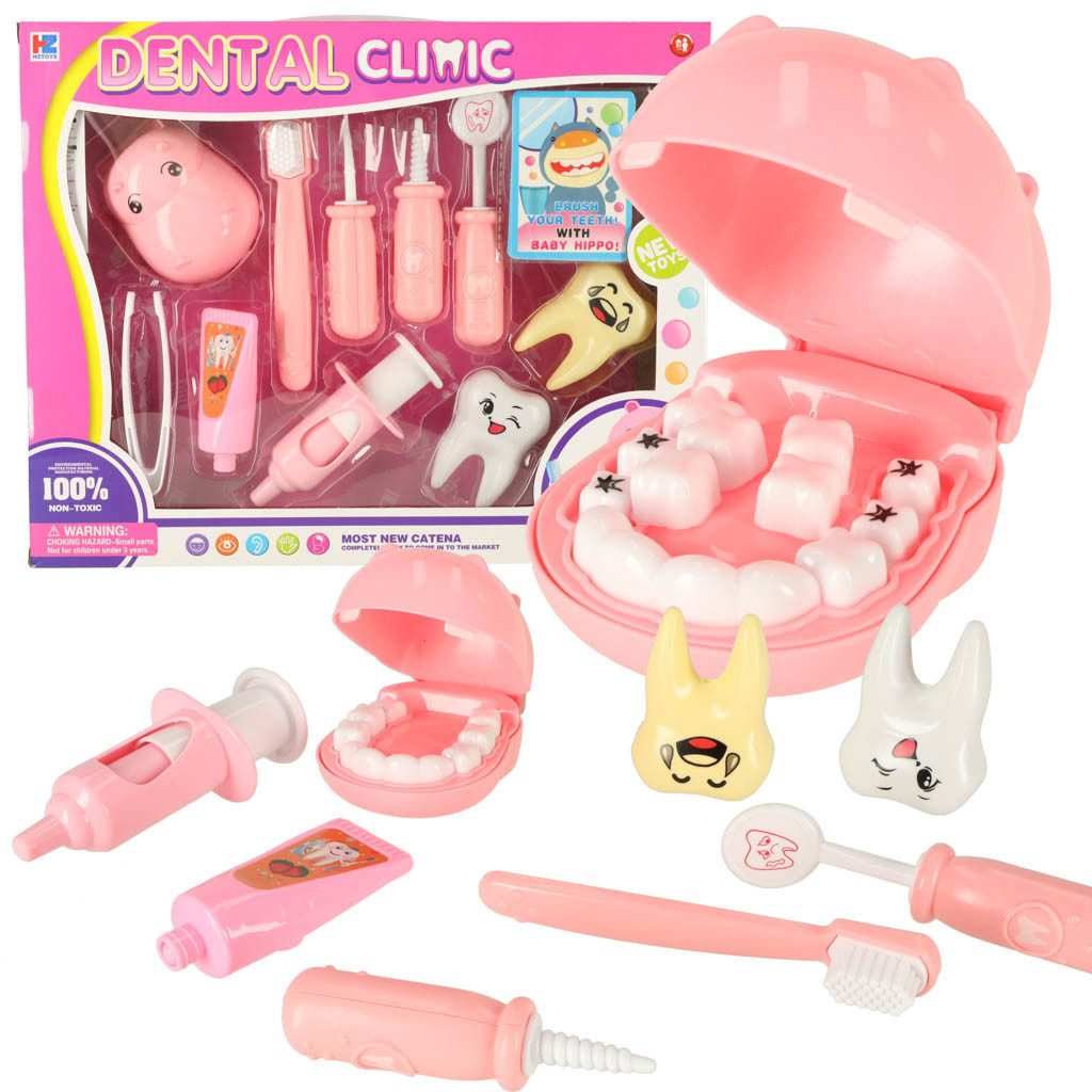 Ikonka Spielzeug-Arztkoffer Zahnarztkoffer Zahnpflegeset Rollenspiel, (Spar-Set, 1-tlg., 9,5 x 6,5 x 5 cm rosa), Nilpferd mit herausnehmbaren Zähnen, Zahnarztwerkzeug