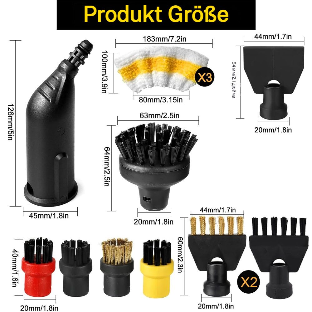 QUBEBU Reinigungsbürsten-Set Dampfreiniger Zubehör, Ersatzteile für Kärcher SC1 SC2 SC3 SC4 SC5, (1x schwarze verlängerte Düse; 1x Reinigungsbürste mit Abstreifer, 3x Nylon Rundbürste; 1x Kupferdraht Rundbürste; 1x große Rundbürste), 2x Flachfugenbürste aus Nylon; 2x Kupferdraht-Flachfugenbürste