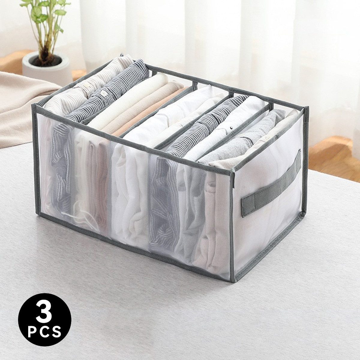 AURIVION Aufbewahrungsbox Aufbewahrungsbox waschbar für Kleidung & Schrank Ordnung (Set, 3 St., Kleiderorganisator 3 Stk. mit 5/7/9 Fächern faltbar), Faltbarer Organizer für Jeans, T-Shirts & Unterwäsche