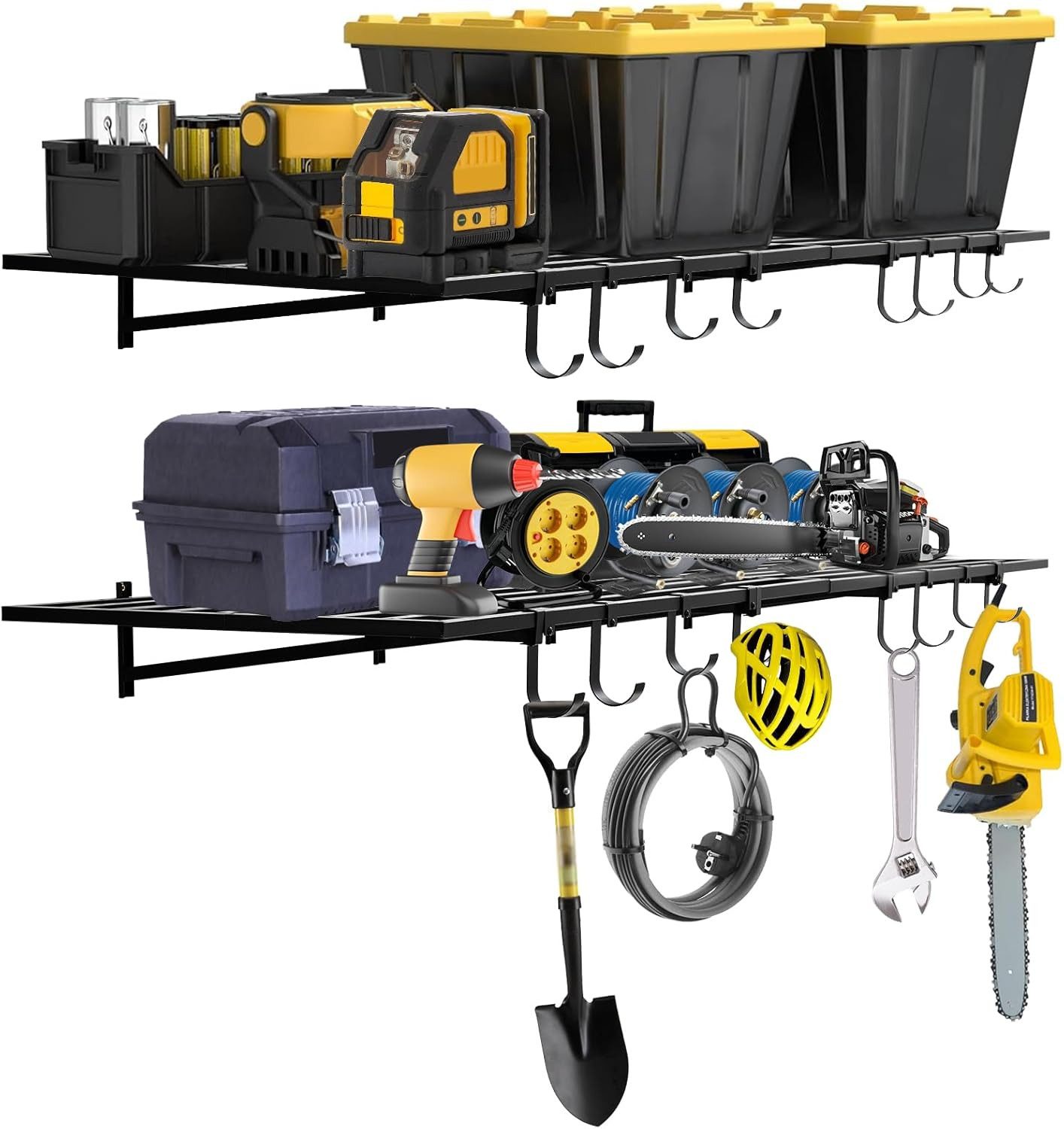 GarveeMore Schwerlastregal Garagen 2er-Pack mit Haken,Tragkraft 181 kg, Wandregal für die Garage,Werkstatt und Schuppen -Montageset