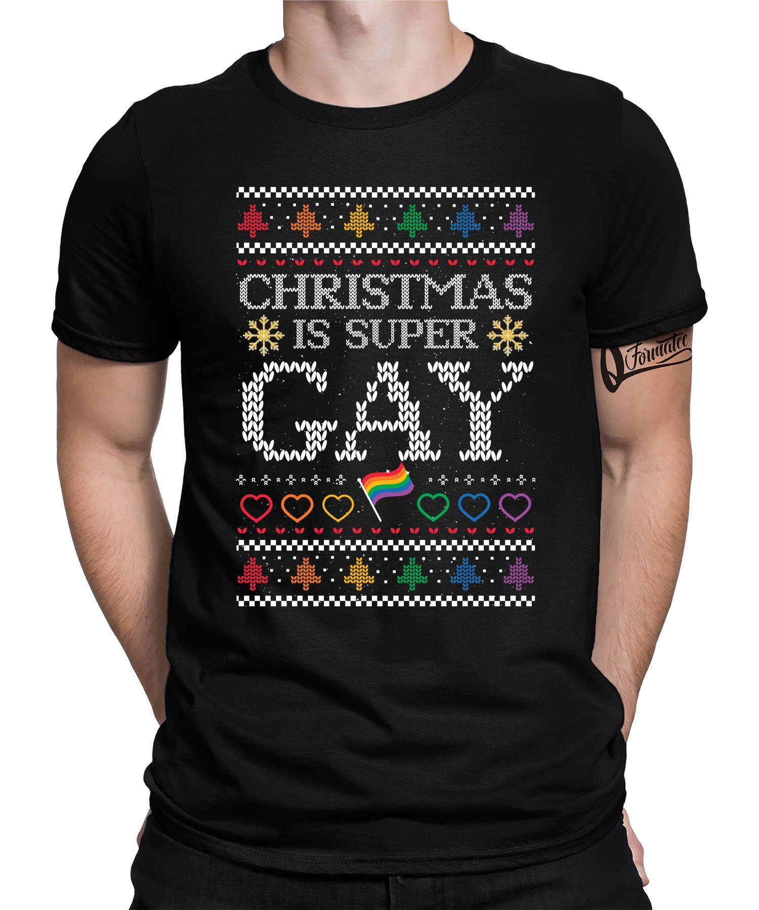 Weihnachten (1-tlg) X-mas - Herren Christmas Schwarz Quattro Kurzarmshirt T-Shi Formatee LGBT Weihnachtsgeschenk Gay