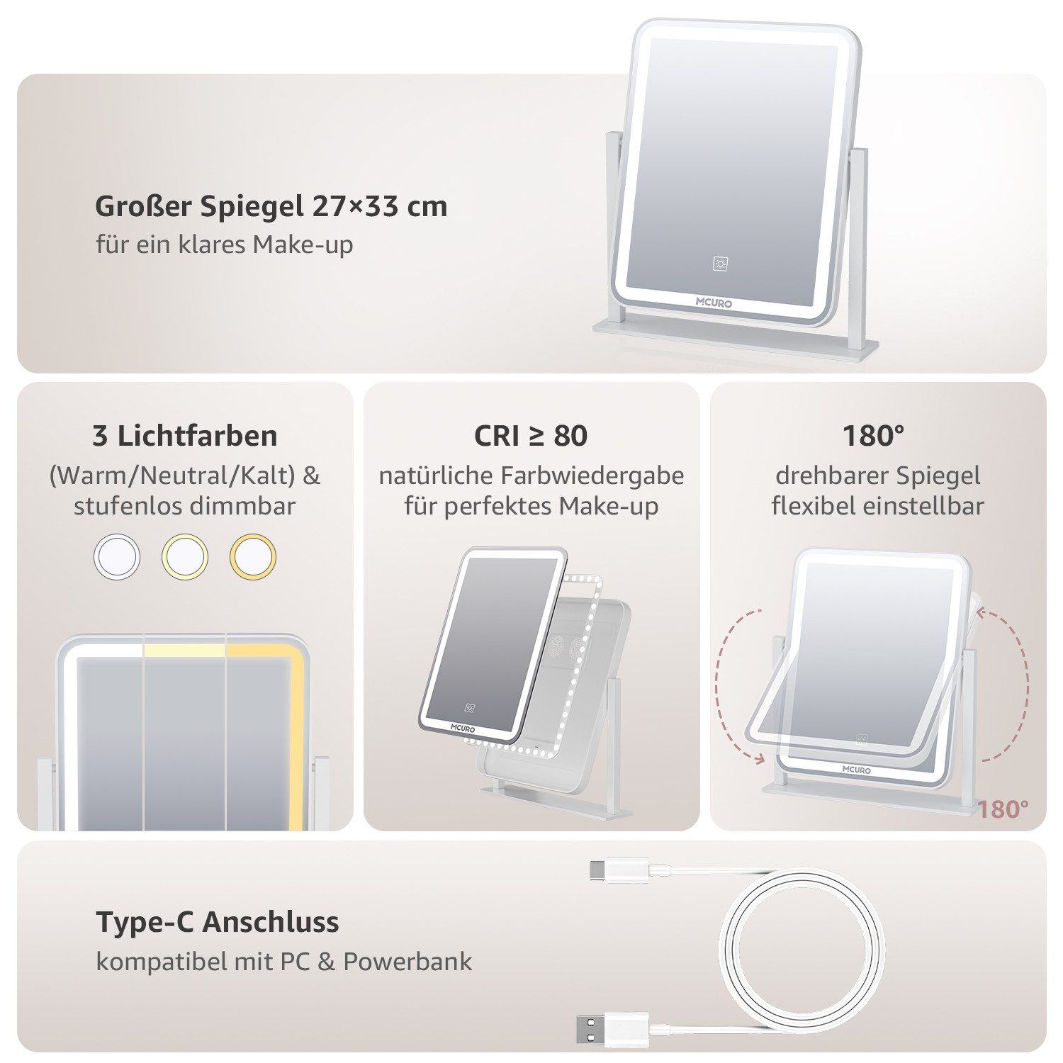 MCURO Schminkspiegel mit Beleuchtung Tischspiegel mit LED, HD Spiegel (Abne günstig online kaufen