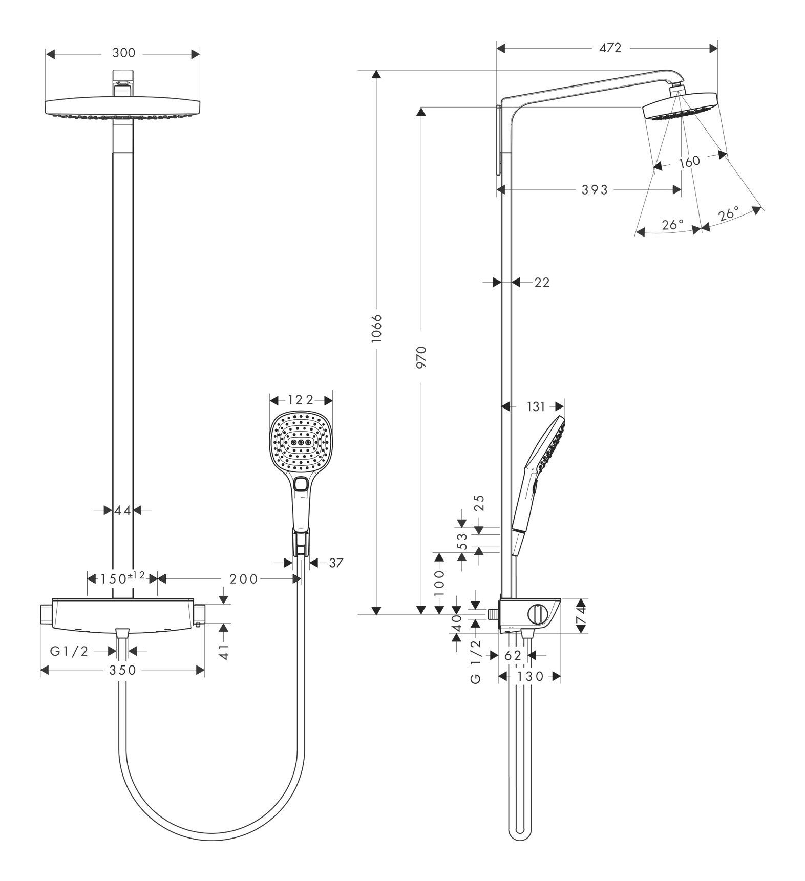 Thumbnail - hansgrohe Duschsystem Raindance Select E Showerpipe, Höhe 106.6 cm, 2 Strahlart(en), 300 2jet EcoSmart 9 l/min mit Therm...